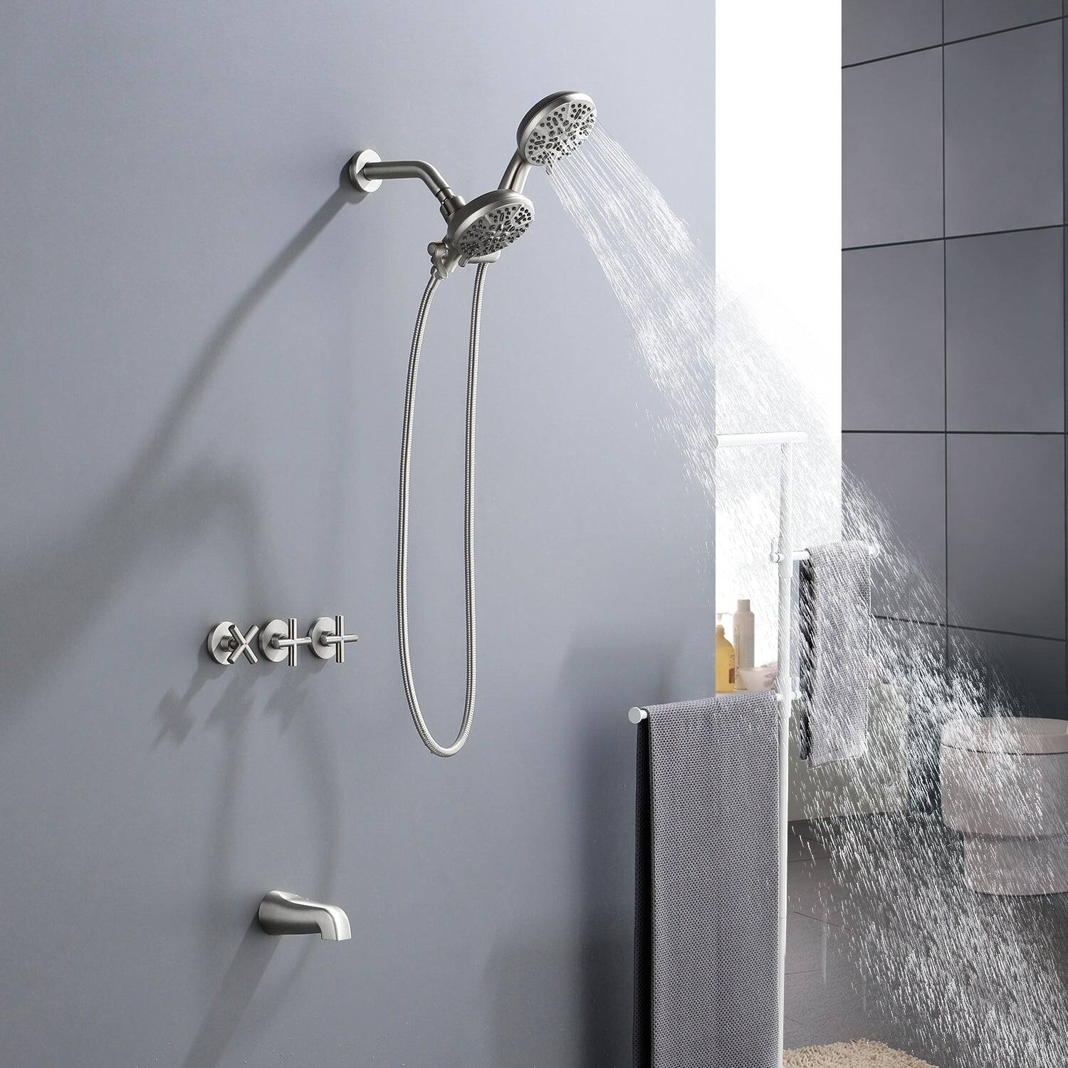 Alt View 3. Boyel Living - Brushed Nickel Shower Set with Three Handle Control and Seven Function Dual Shower Heads - Brushed Nickel.