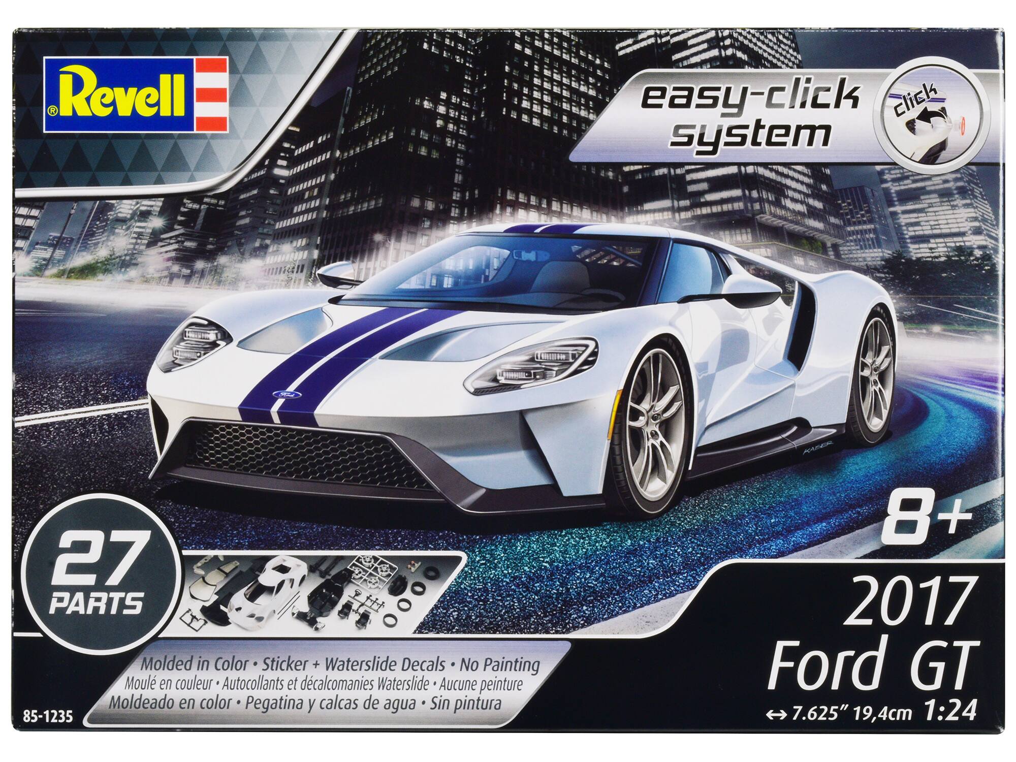 Revell easy-click system  
27 PARTS  
Molded in Color Sticker + Waterslide Decals No Painting  
Moulé en couleur Autocollants et décalcomanies Waterslide Aucune peinture  
Moldeado en color Pegatina y calcas de agua Sin pintura  
85-1235  
8+  
2017 Ford GT  
7.625" 19,4cm 1:24