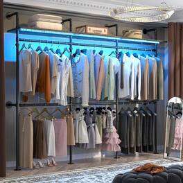 Aheaplus - 118.3" Reversible Industrial Pipe Clothing Rack - Heavy Duty Garment Rack with LED Lights & Shelves for Walk-in Closet - Gray Oak