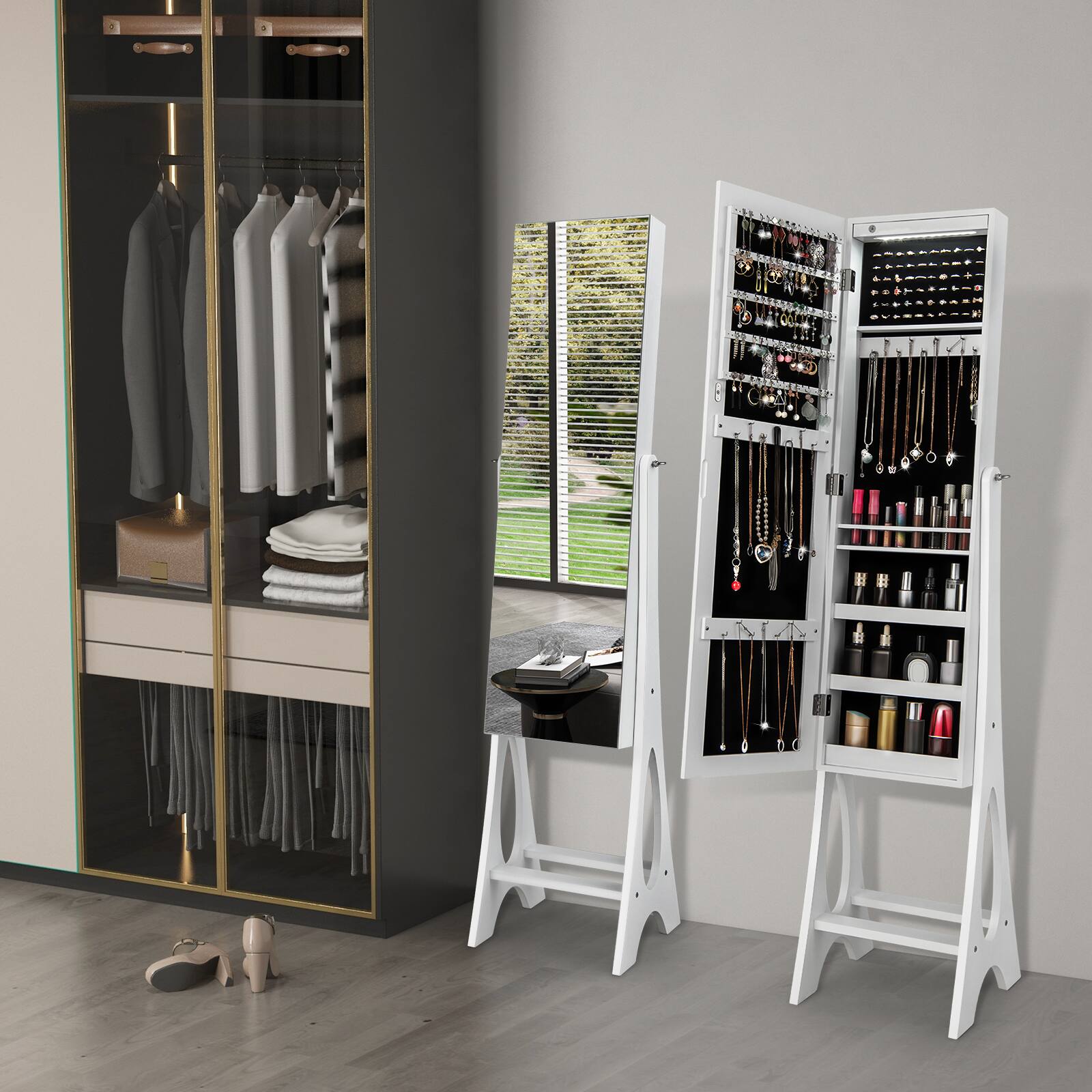 Alt View 8. Ecooso - Freestanding Jewelry Cabinet Organizer with Beveled Full-Length Mirror and Storage.