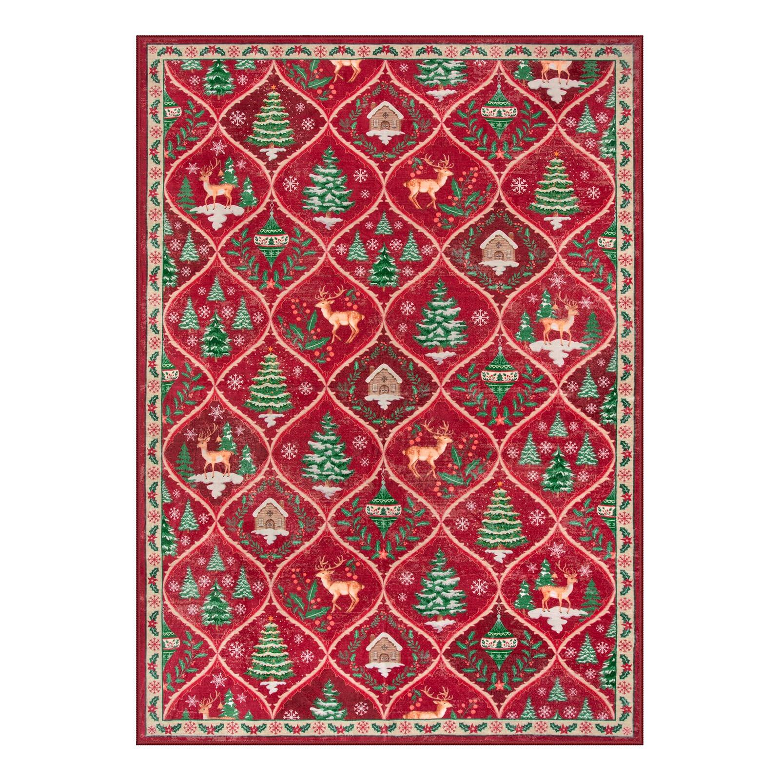 Alt View 5. Fabibe - 5X7 RED Wool LAHOME CHRISTMAS LIVING ROOM PRINT CHRISTMAS REINDEER FOR BEDROOM AESTHETIC LARGE WASHABLE CARPET, - Christmas Beige/Green 8' x 10' (Rectangular).