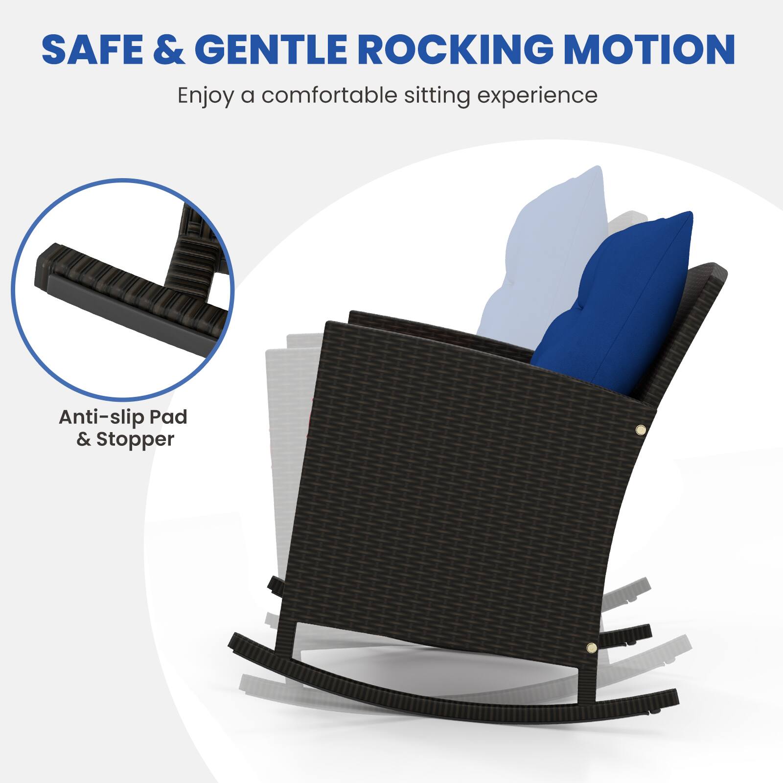 SAFE & GENTLE ROCKING MOTION
Enjoy a comfortable sitting experience
Anti-slip Pad & Stopper