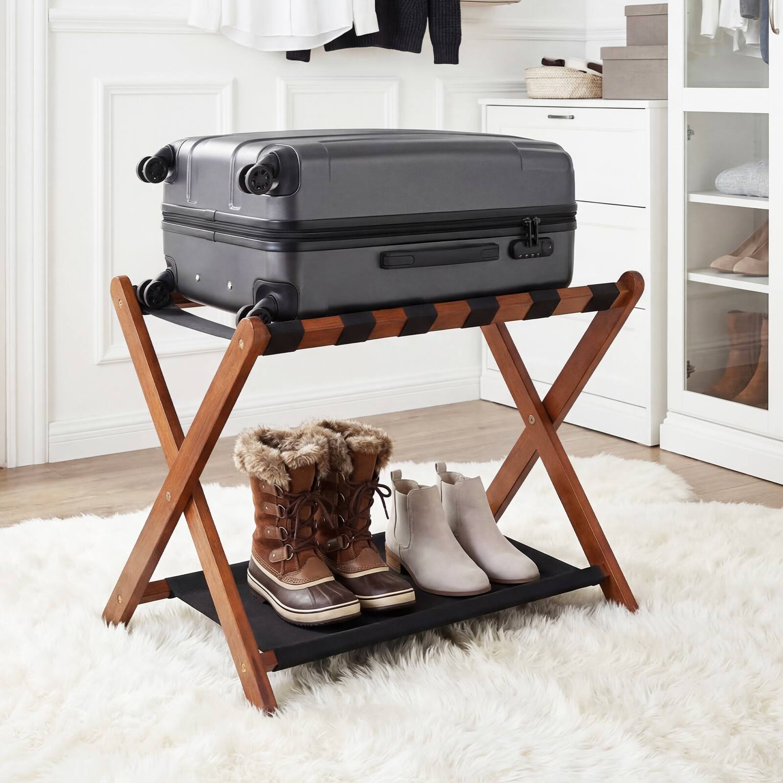 Alt View 3. Costway - Costway 2 PCS Luggage Rack, Solid Rubberwood Suitcase Stand with Nylon Shelves, Portable - Black + Brown.