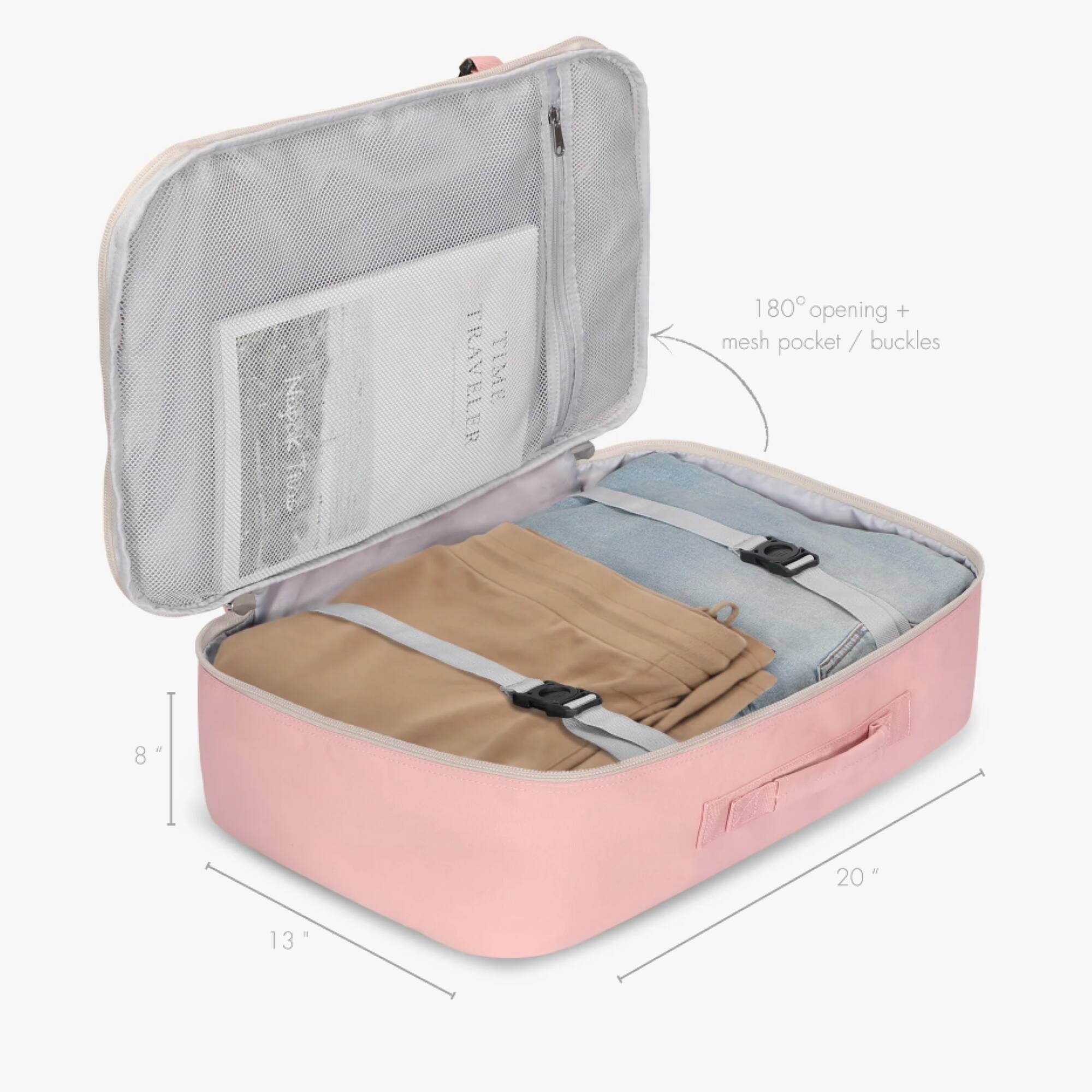 180° opening + mesh pocket / buckles  
8"  
20"  
13"