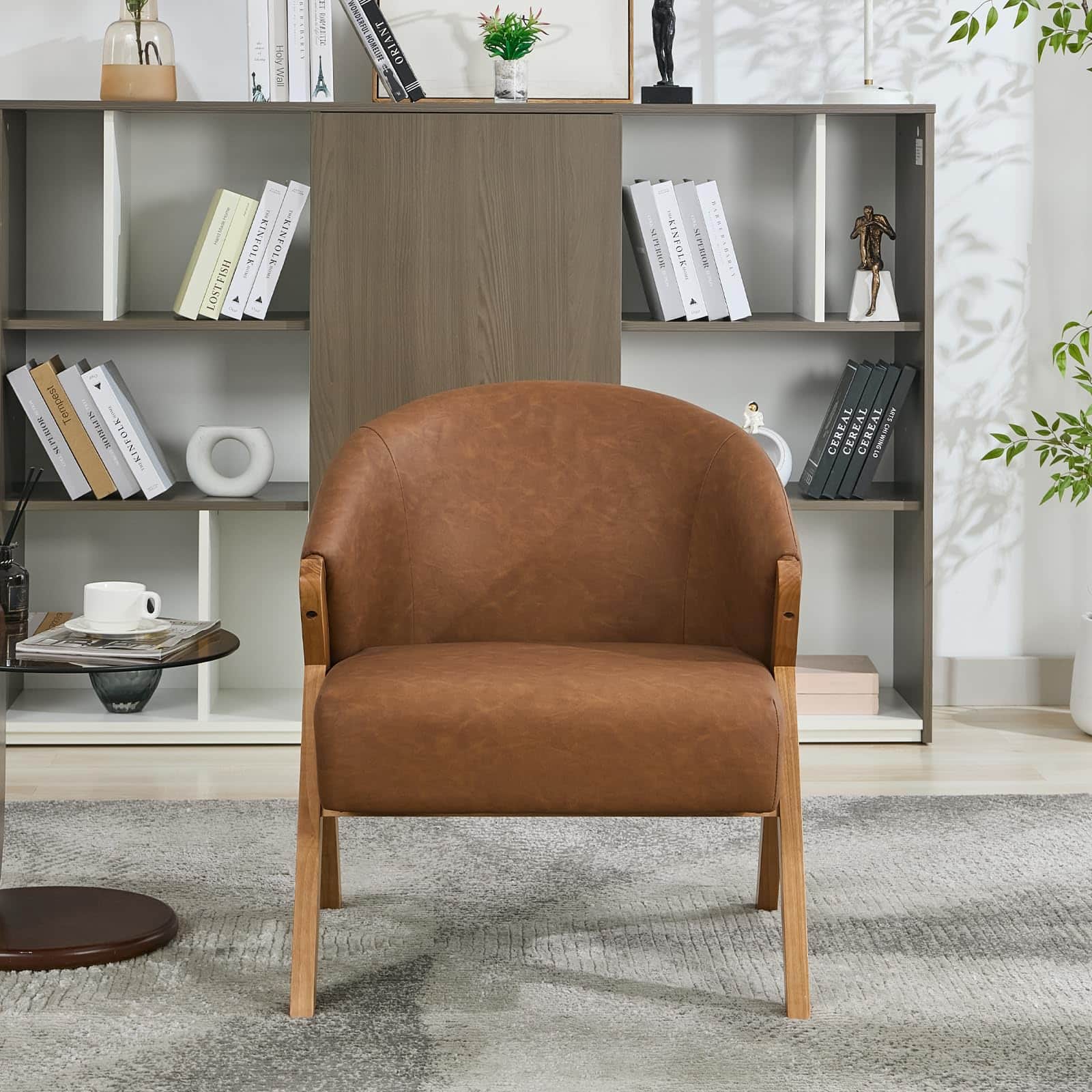 Jojoka - Mid-Century Accent Chair, Upholstered Armless Reading Chair with Wood Frame for Living Room or Bedroom - Brown-PU