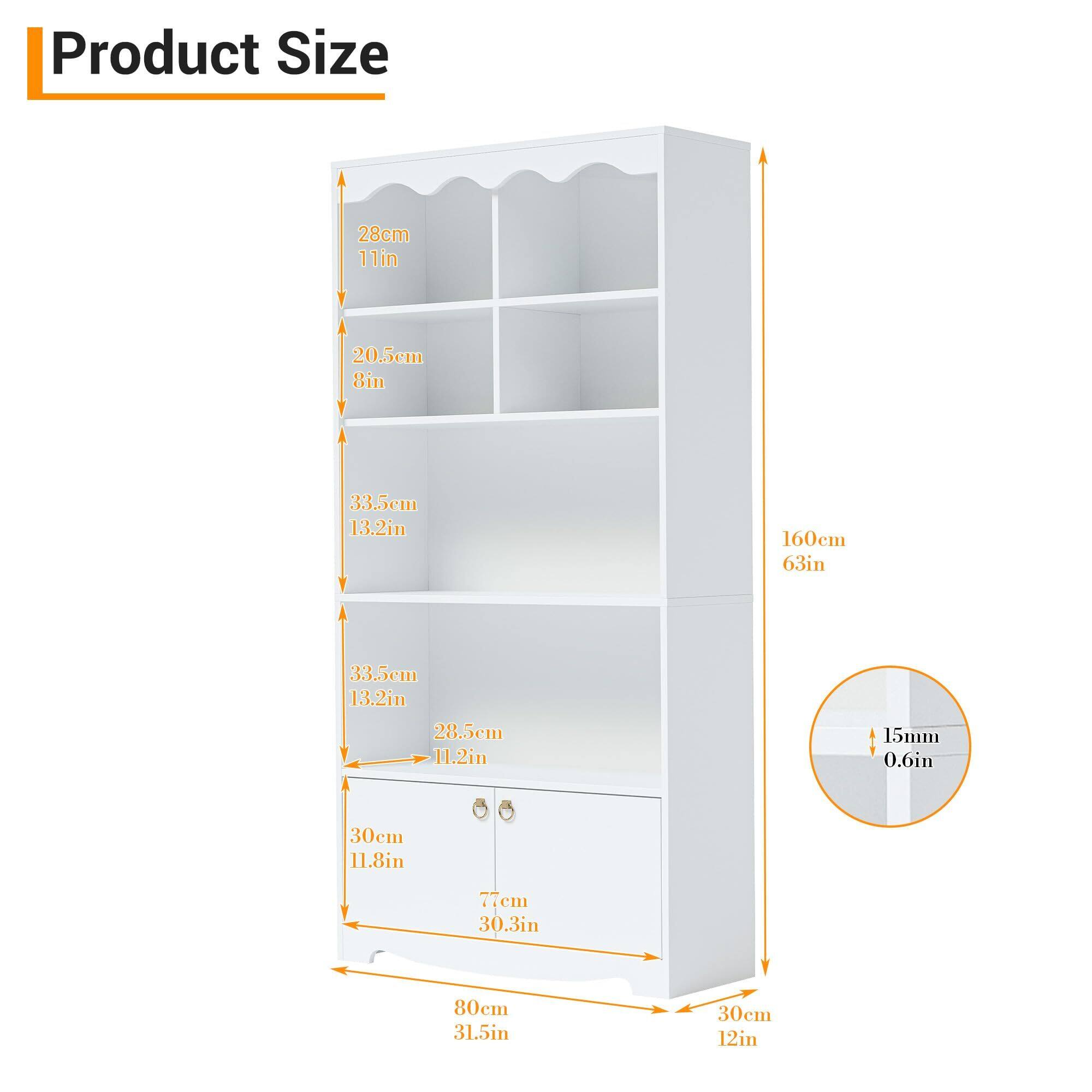 Product Size

- Height: 160cm (63in)
- Width: 80cm (31.5in)
- Depth: 30cm (12in)
- Shelf 1: 28cm (11in) x 20.5cm (8in)
- Shelf 2: 33.5cm (13.2in) x 28.5cm (11.2in)
- Shelf 3: 33.5cm (13.2in) x 30cm (11.8in)
- Drawer: 77cm (30.3in) x 30cm (11.8in)
- Thickness: 15mm (0.6in)