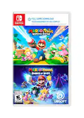 A Nintendo Switch full game download. Téléchargement du jeu complet. Game card not included! / Carte de jeu non incluse! Mario + Rabbids Kingdom Battle. Mario + Rabbids Sparks of Hope. Everyone 10+ / Enfants et adultes 10+. ESRB. Ubisoft.