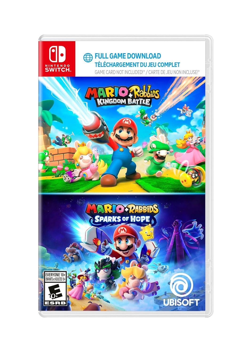 A Nintendo Switch full game download. Téléchargement du jeu complet. Game card not included! / Carte de jeu non incluse! Mario + Rabbids Kingdom Battle. Mario + Rabbids Sparks of Hope. Everyone 10+ / Enfants et adultes 10+. ESRB. Ubisoft.