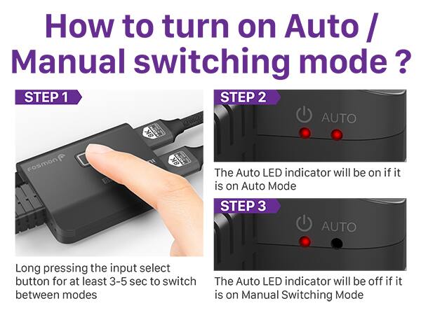 How to turn on Auto / Manual switching mode?

STEP 1
Long pressing the input select button for at least 3-5 sec to switch between modes

STEP 2
The Auto LED indicator will be on if it is on Auto Mode

STEP 3
The Auto LED indicator will be off if it is on Manual Switching Mode