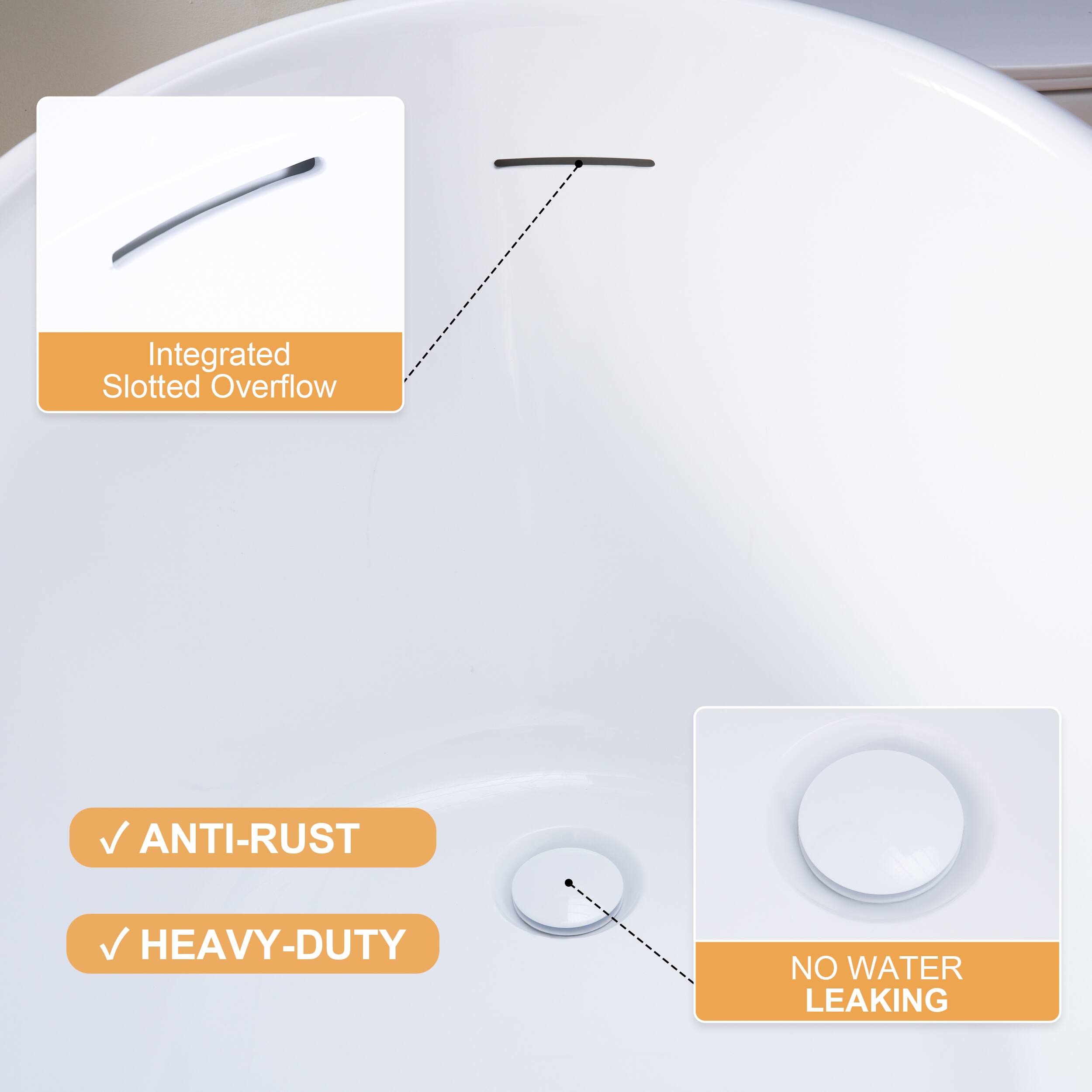 Integrated Slotted Overflow  
ANTI-RUST  
HEAVY-DUTY  
NO WATER LEAKING