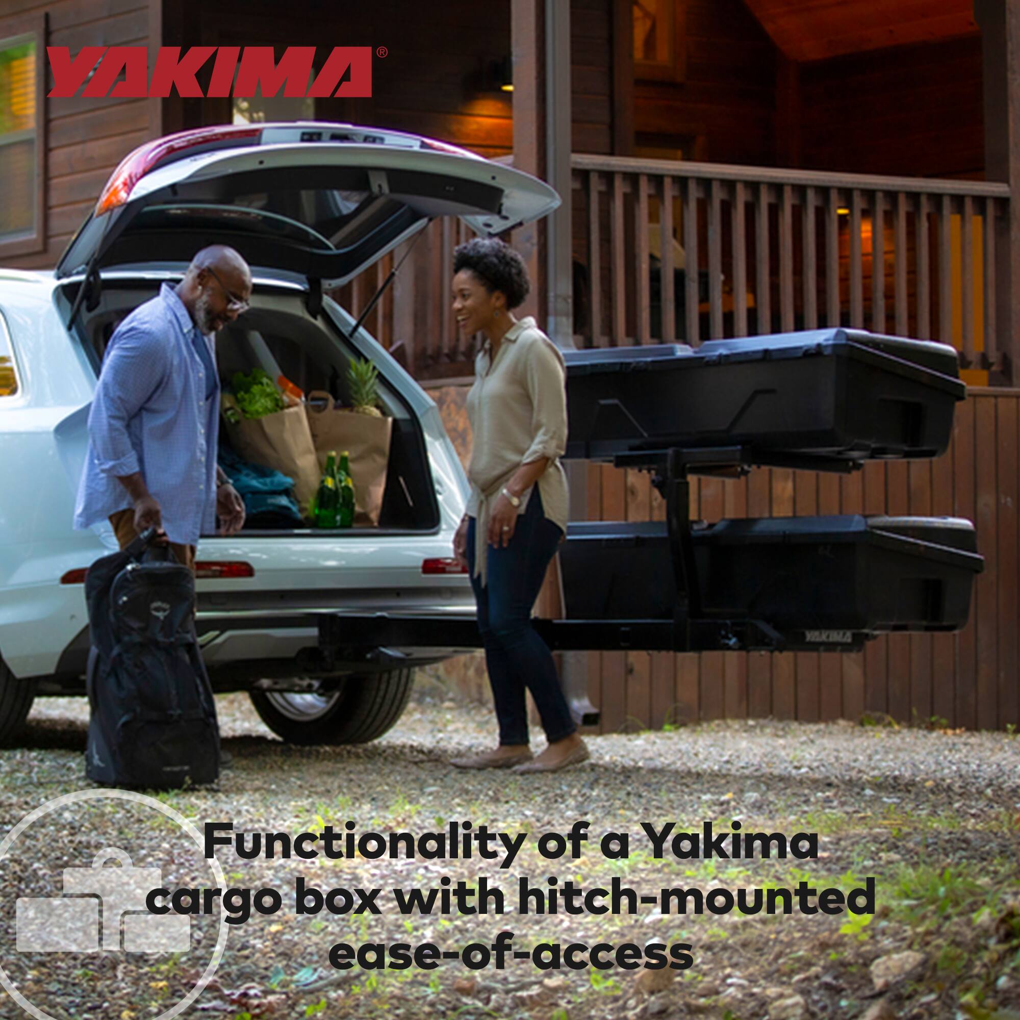 Functionality of a Yakima cargo box with hitch-mounted ease-of-access