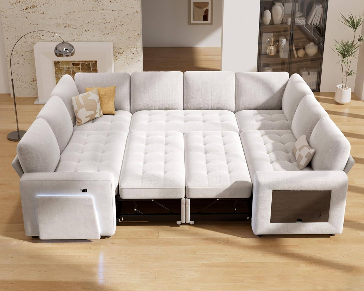 Front. Vipbear - Vipbear 8 Seat Modular Sectional Sleeper Sofa,Pull-Out Bed, Reclining Backrest, USB Ports, Side Table, White - Beige.