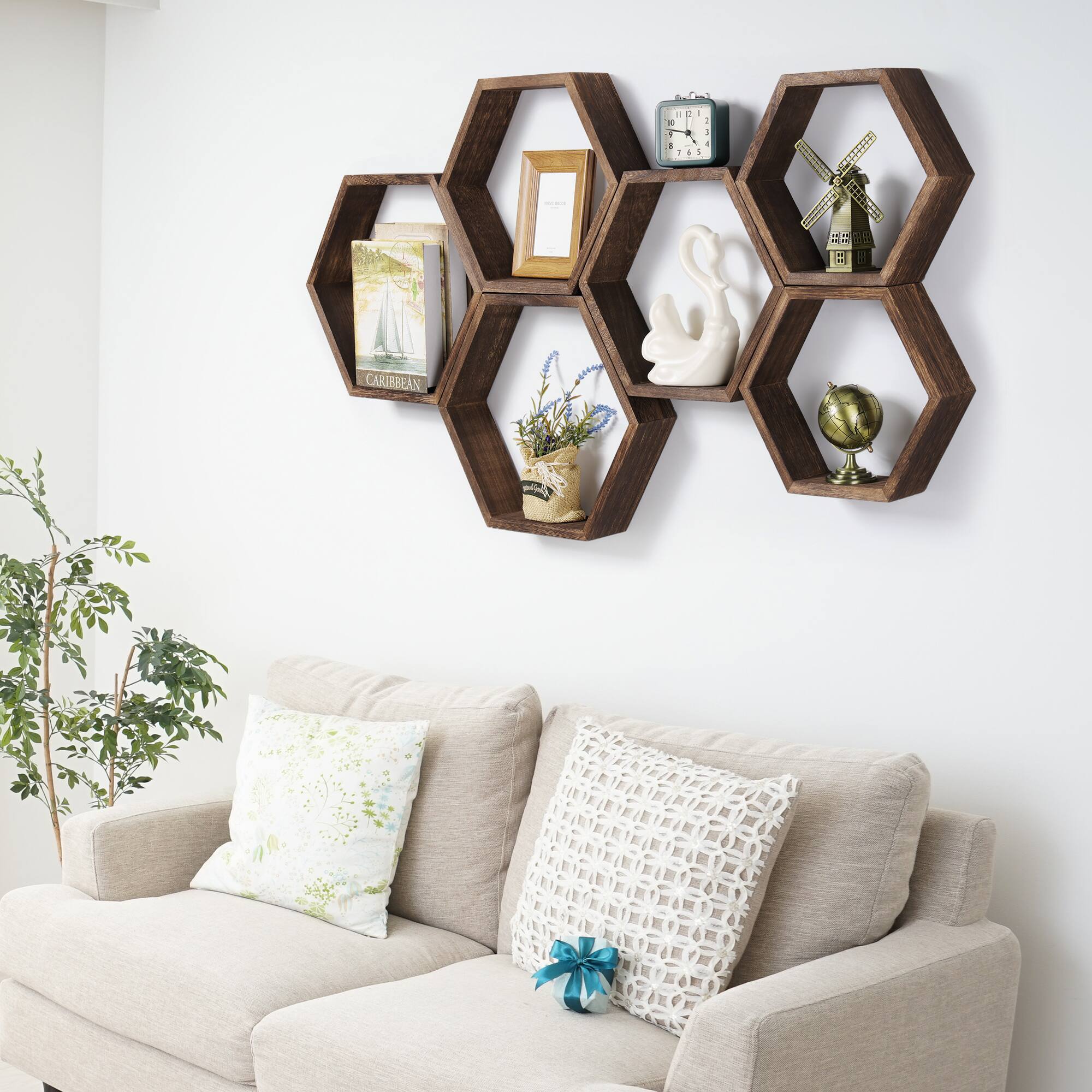 Back. Oumilen - Set of 3 Burnt Wood Hexagonal Floating Wall Shelves - Brown.