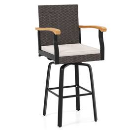 Gymax - 29'' Outdoor 360-Degree Swivel Bar Stool w/Cushion & Acacia Wood Armrests Footrest Mix Off White - Brown