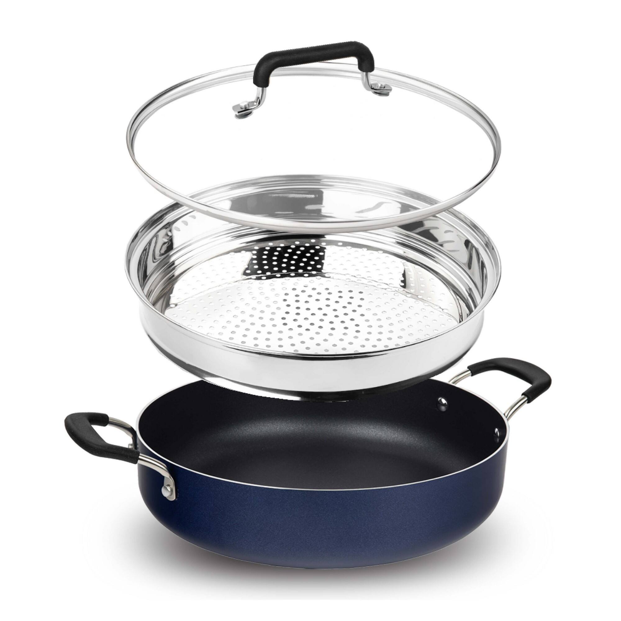 Alt View 1. Granitestone - Granitestone Blue 3 Piece Nonstick 5.5 Qt Everyday Pan with Lid and Steamer Insert – Speckled Multipurpose Cookware Set - Blue.