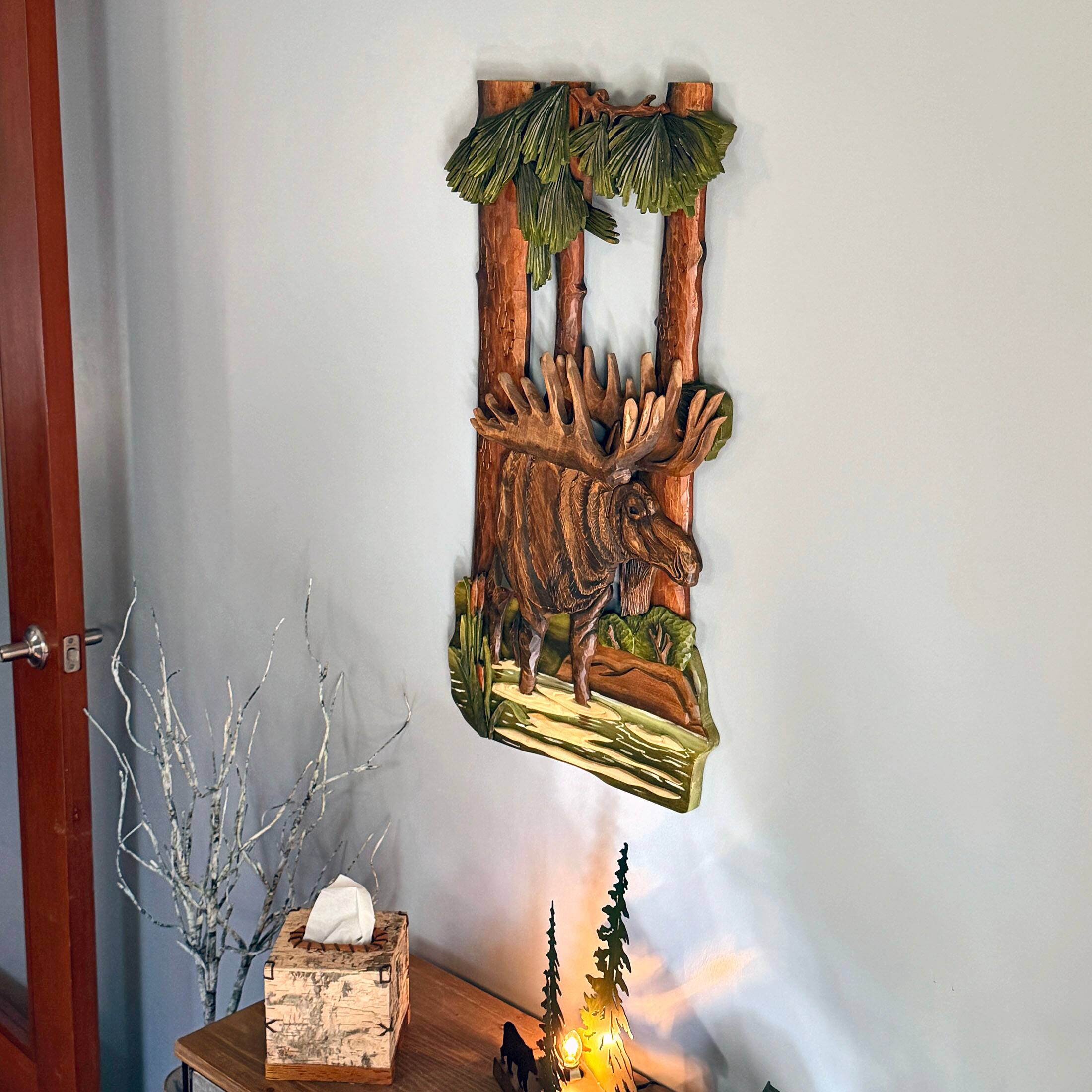 Alt View 4. Zeckos - 31x17 Intarsia Wood Moose Wall Sculpture Rustic Cabin Lodge Wildlife Decor - Brown.