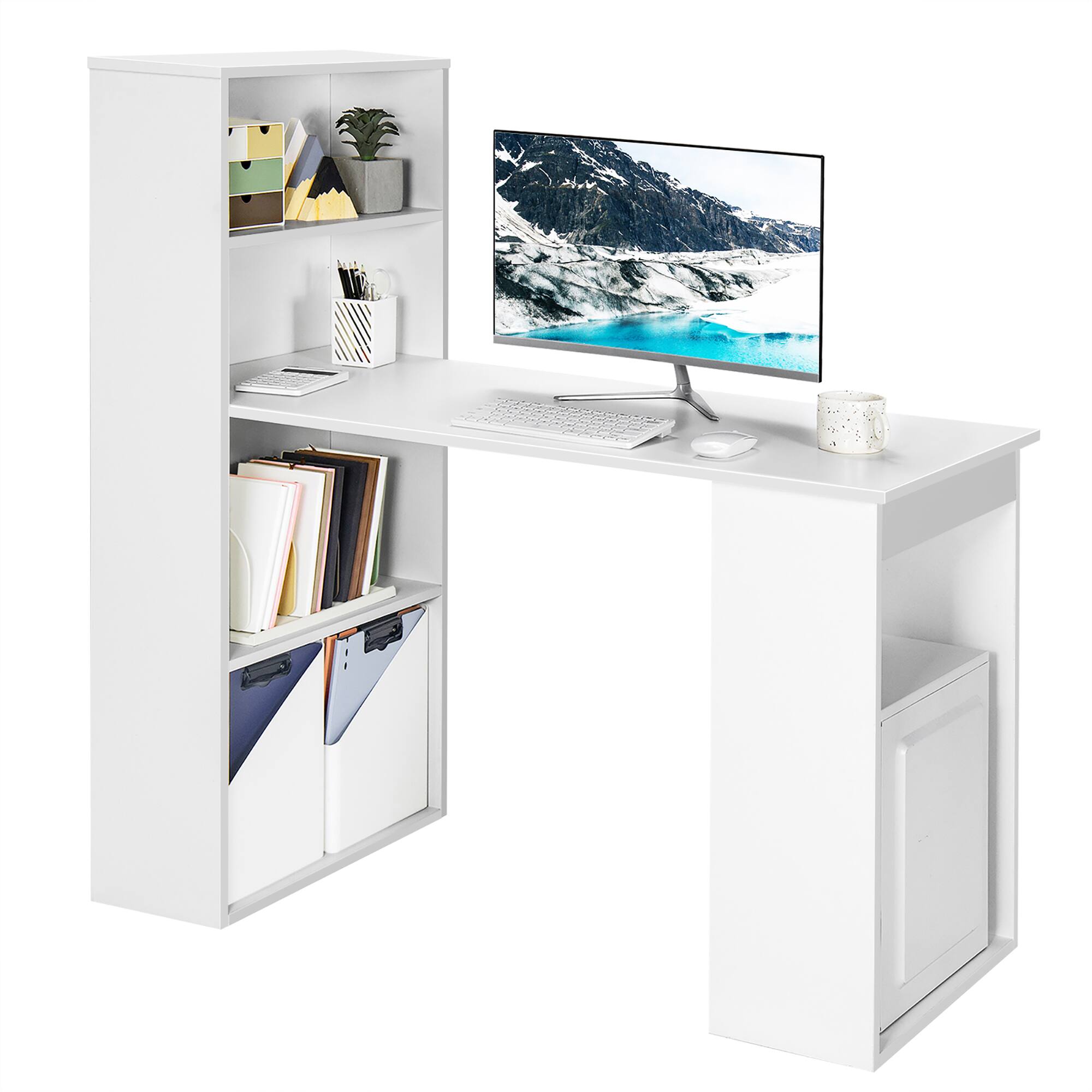 Costway - Computer Desk Writing Workstation Office w/6-Tier Storage Shelves - White