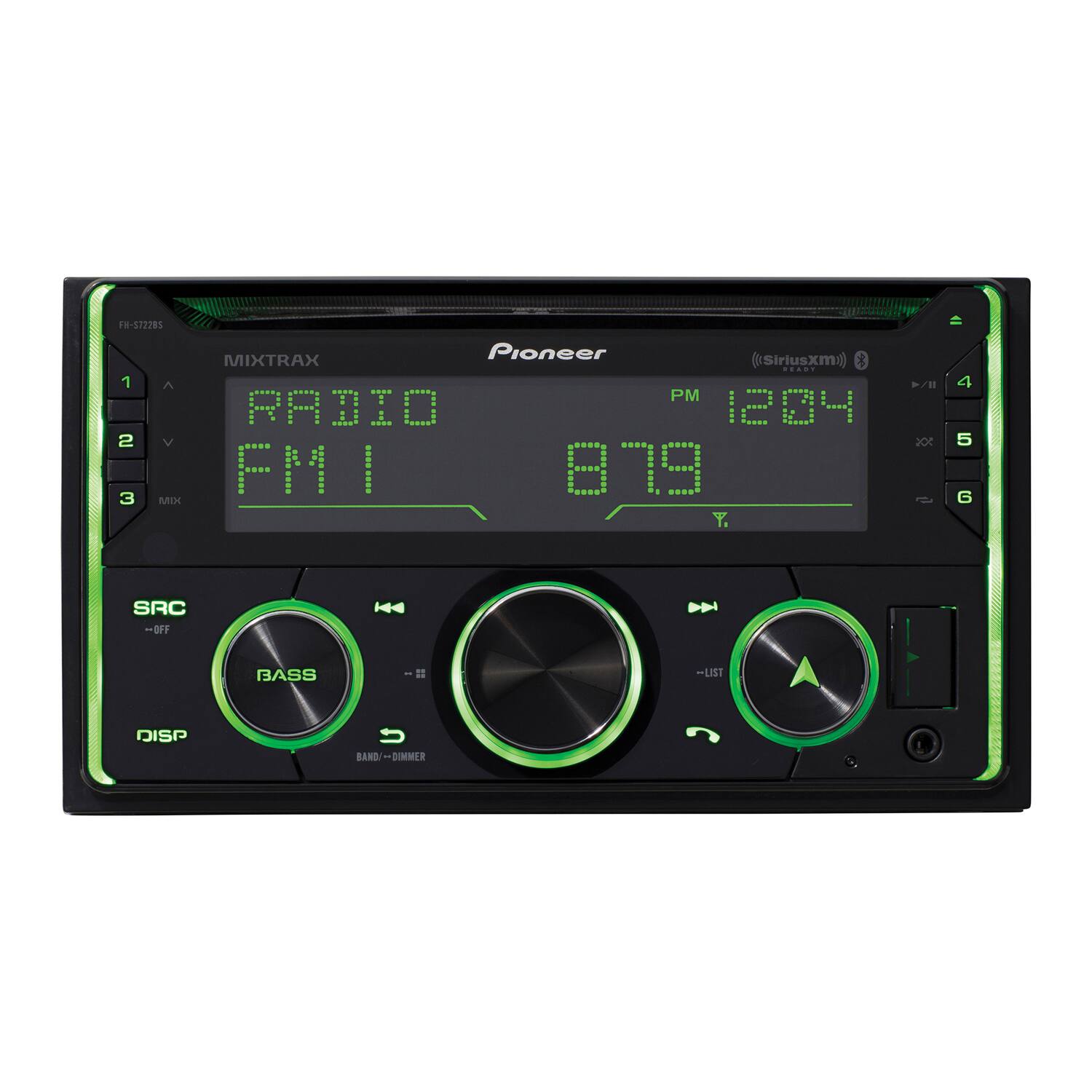 FH-572285  
1 2 3 A V MIX Pioneer MIXTRAX (SiriusXM)  
...O. PM RADIO 120.4 FM 87.9 T.  
>/ 30 4 5 G SRC -OFF H4 D BASS +LIST DISP U BAND .. IMMER -