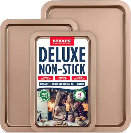 BKKEN MASTER DESIGN DELUXE NON-STICK SMALL MEDIUM LARGE 13.2" x 8.7" 14.6" x 9.8" 16.9 x 11.4" REUSABLE BROWN SILICONE COATING DURABLE PFOA PFOS PTFE FREE SWIRE COATING BAKKER #1 BEMOC OOKI ILAC BKCAND & BXATWARE