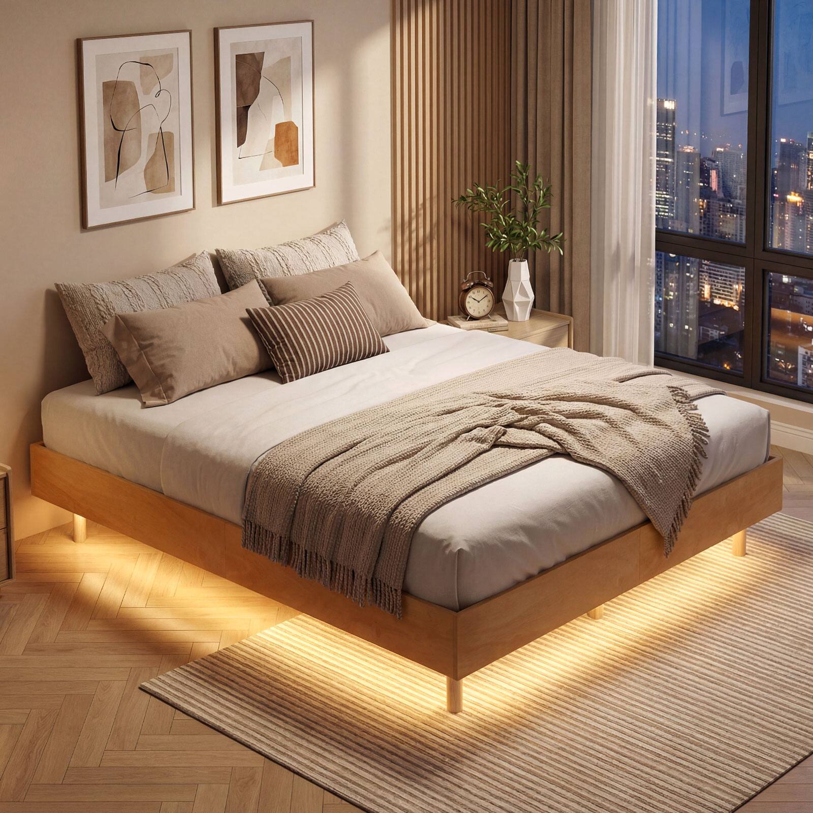 Alt View 3. Costway - Costway Queen Size Floating Bed Frame with LED Lights, 12 Inch Modern Wood Platform Bed - Natural.