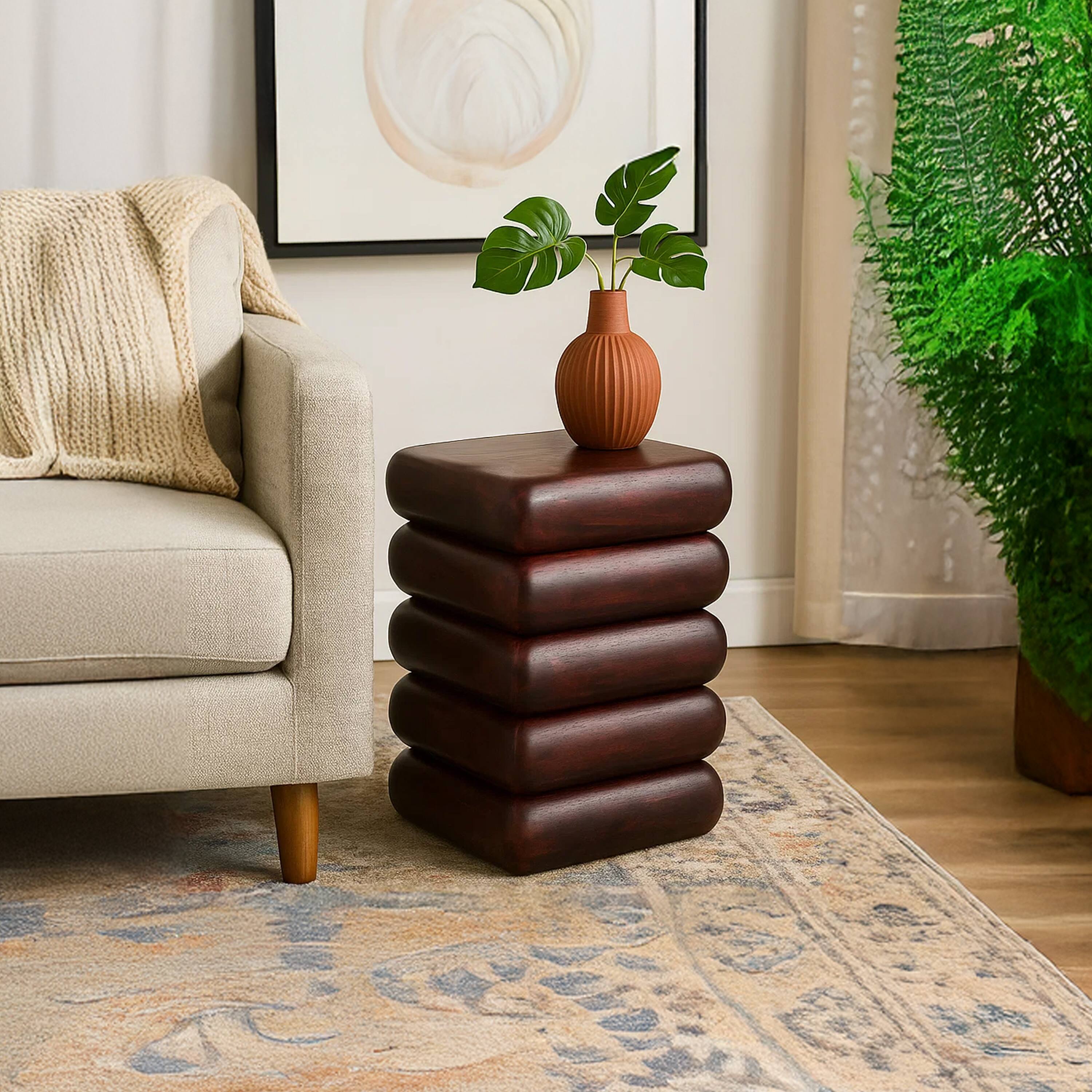 Alt View 9. Manhattan Lane - Zyra 18" Side End Table | Sculptural Stacked Design | Acacia Wood - Dark Cherry Brown.