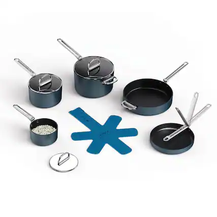 Front. Joseph Joseph - Space Ceramic Non-stick 8-piece Cookware Set with Folding Handles - Blue.