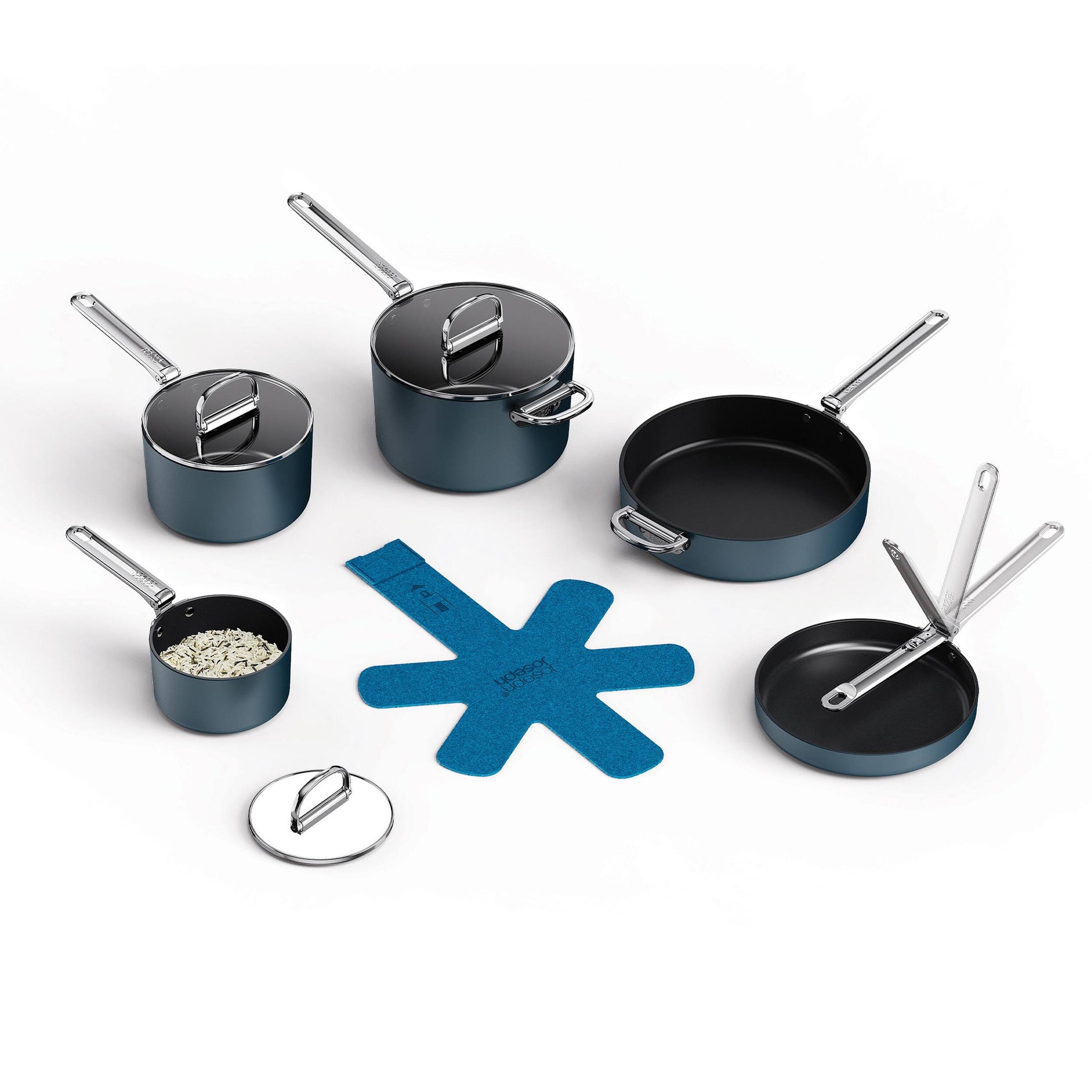 Front. Joseph Joseph - Space Ceramic Non-stick 8-piece Cookware Set with Folding Handles - Blue.