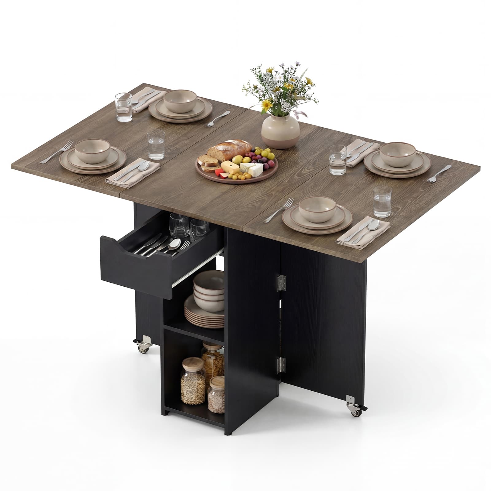 Gymax - Folding Dining Table for 2-4 w/2 Open Shelves Drawer 2 Lockable Universal Wheels - Gray