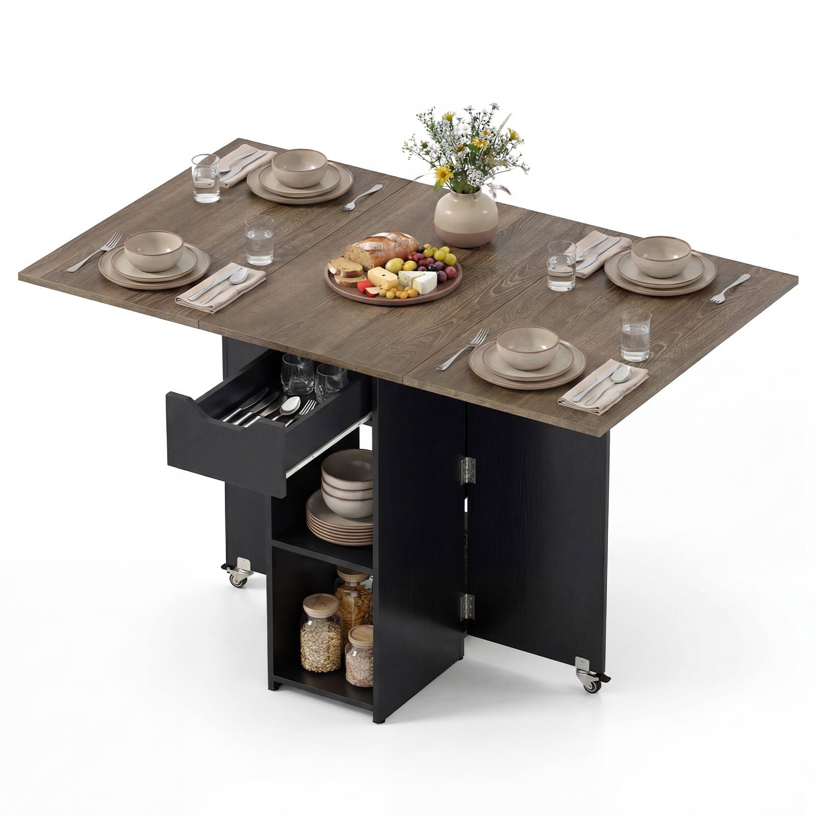 Front. Gymax - Gymax Folding Dining Table for 2-4 w/2 Open Shelves Drawer 2 Lockable Universal Wheels - Gray.