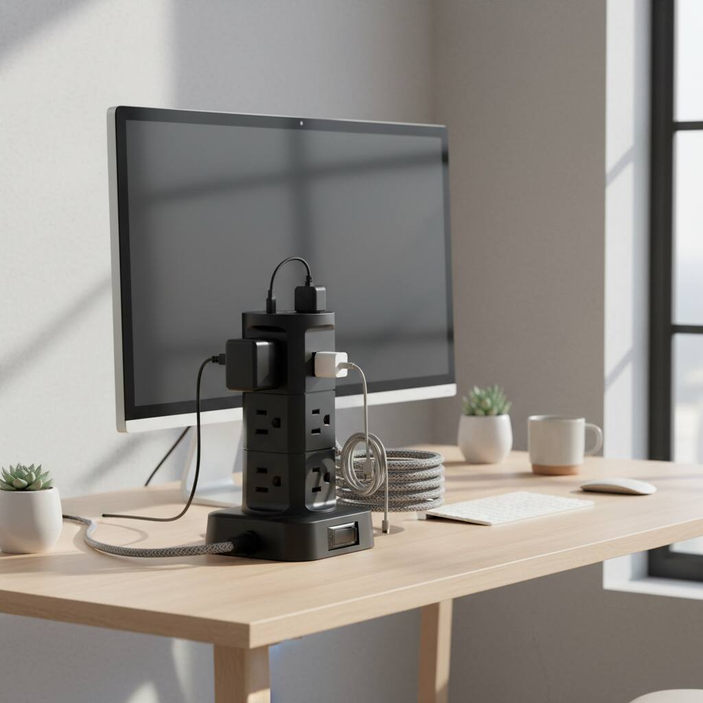 Back. Dazzed Corner - Tower Surge Protector – 12 Outlets, 4 USB, 6Ft Flat Cord - Black.