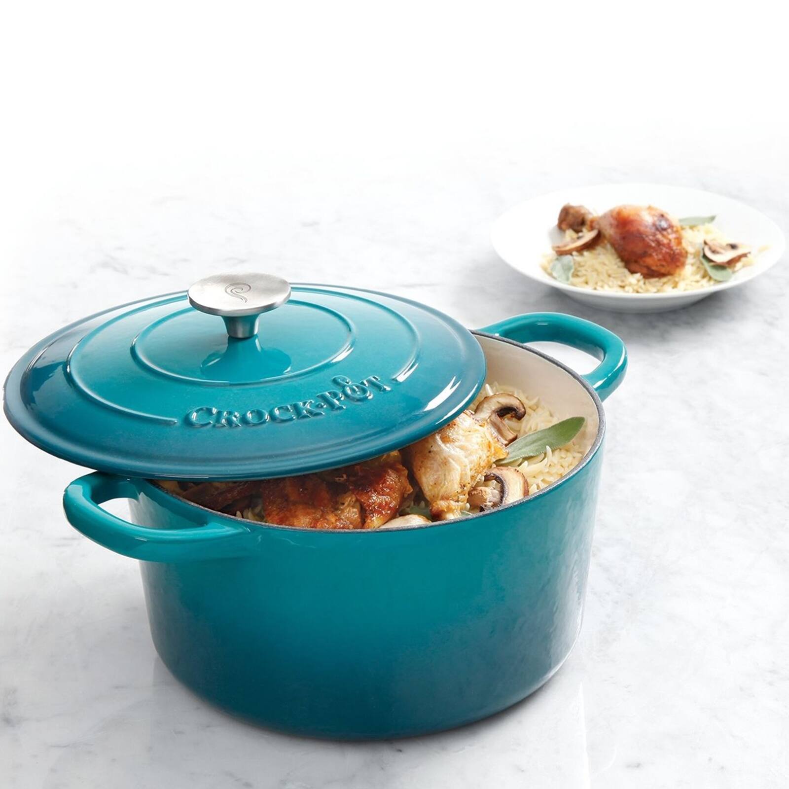 Alt View 3. Crockpot - Crock Pot Artisan 5 Quart Round Enameled Cast Iron Dutch Oven in Teal Ombre - Blue.