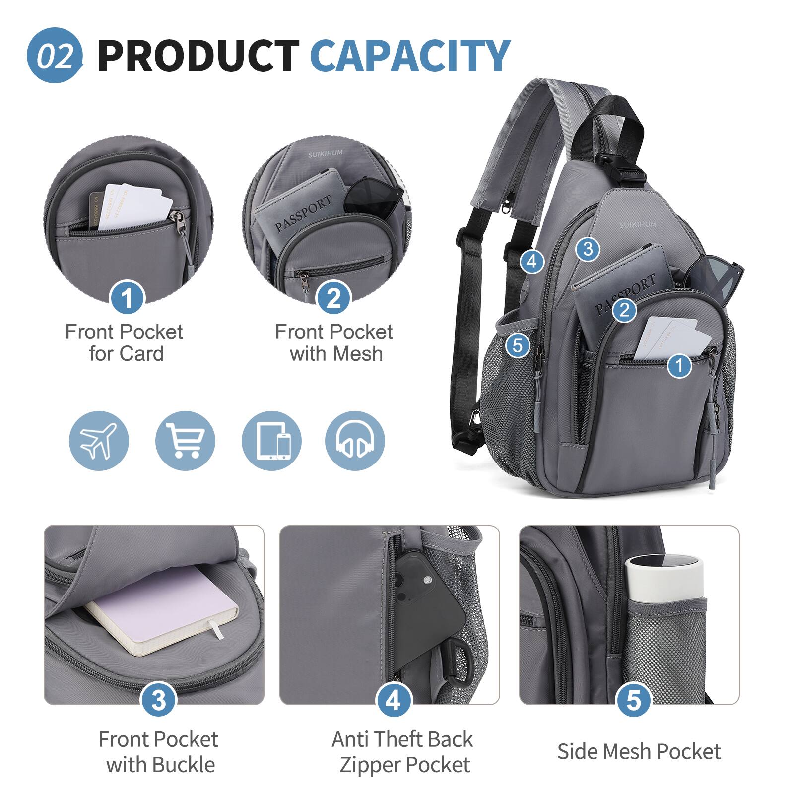 02 PRODUCT CAPACITY

1. Front Pocket for Card
2. Front Pocket with Mesh
3. Front Pocket with Buckle
4. Anti Theft Back Zipper Pocket
5. Side Mesh Pocket