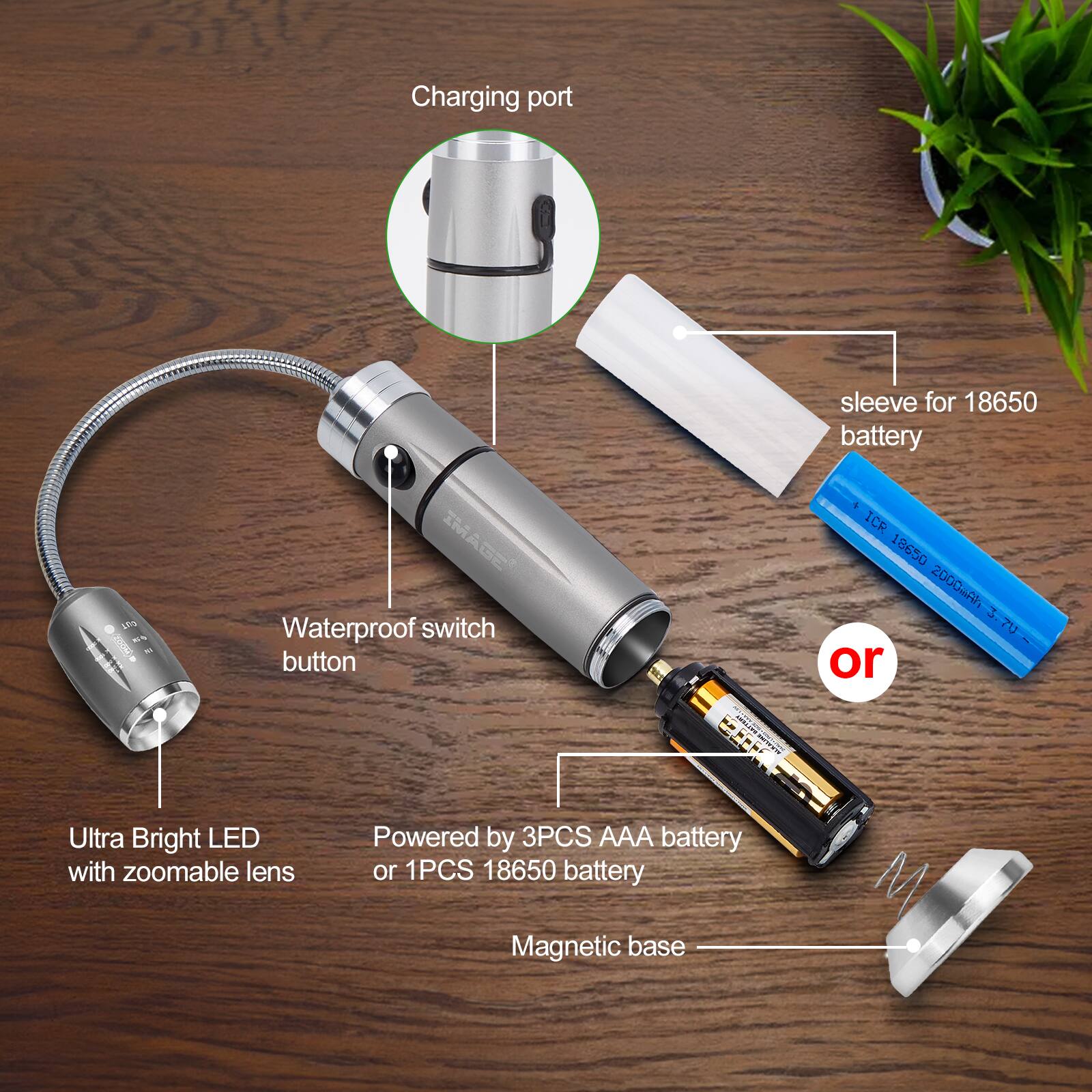 Charging port, sleeve for 18650 battery, 1PCS 18650 2000mAh, Ultra Bright LED with zoomable lens, Powered by 3PCS AAA battery or 1PCS 18650 battery, Magnetic base, Waterproof switch button