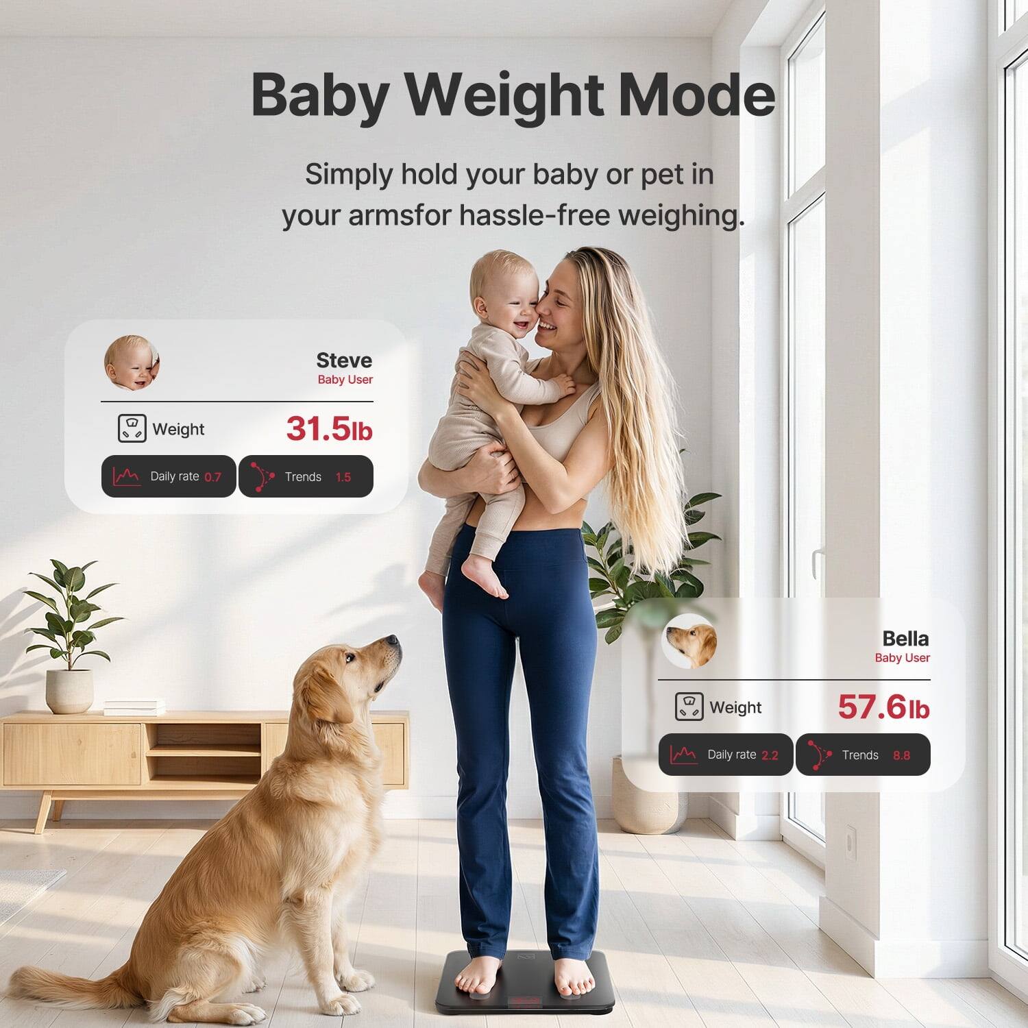 Baby Weight Mode  
Simply hold your baby or pet in your arms for hassle-free weighing.  

Steve  
Baby User  
Weight: 31.5lb  
Daily rate: 0.7  
Trends: 1.5  

Bella  
Baby User  
Weight: 57.6lb  
Daily rate: 2.2  
Trends: 8.8