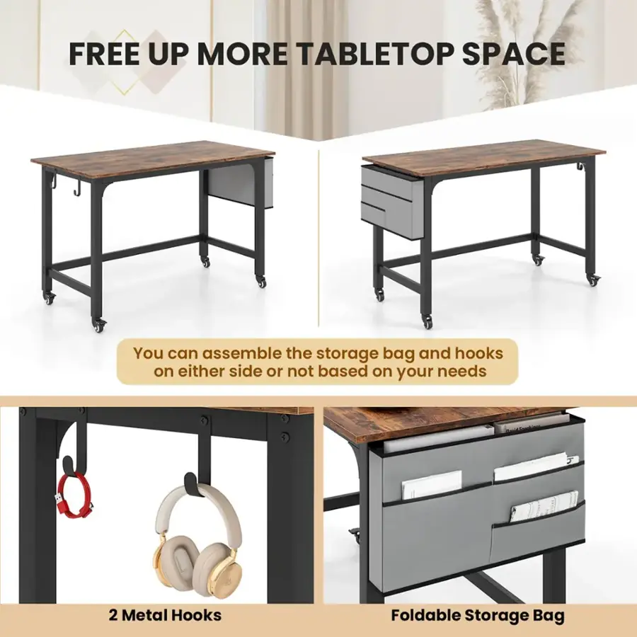 FREE UP MORE TABLETOP SPACE: You can assemble the storage bag and hooks on either side or not based on your needs. 2 Metal Hooks, Foldable Storage Bag.