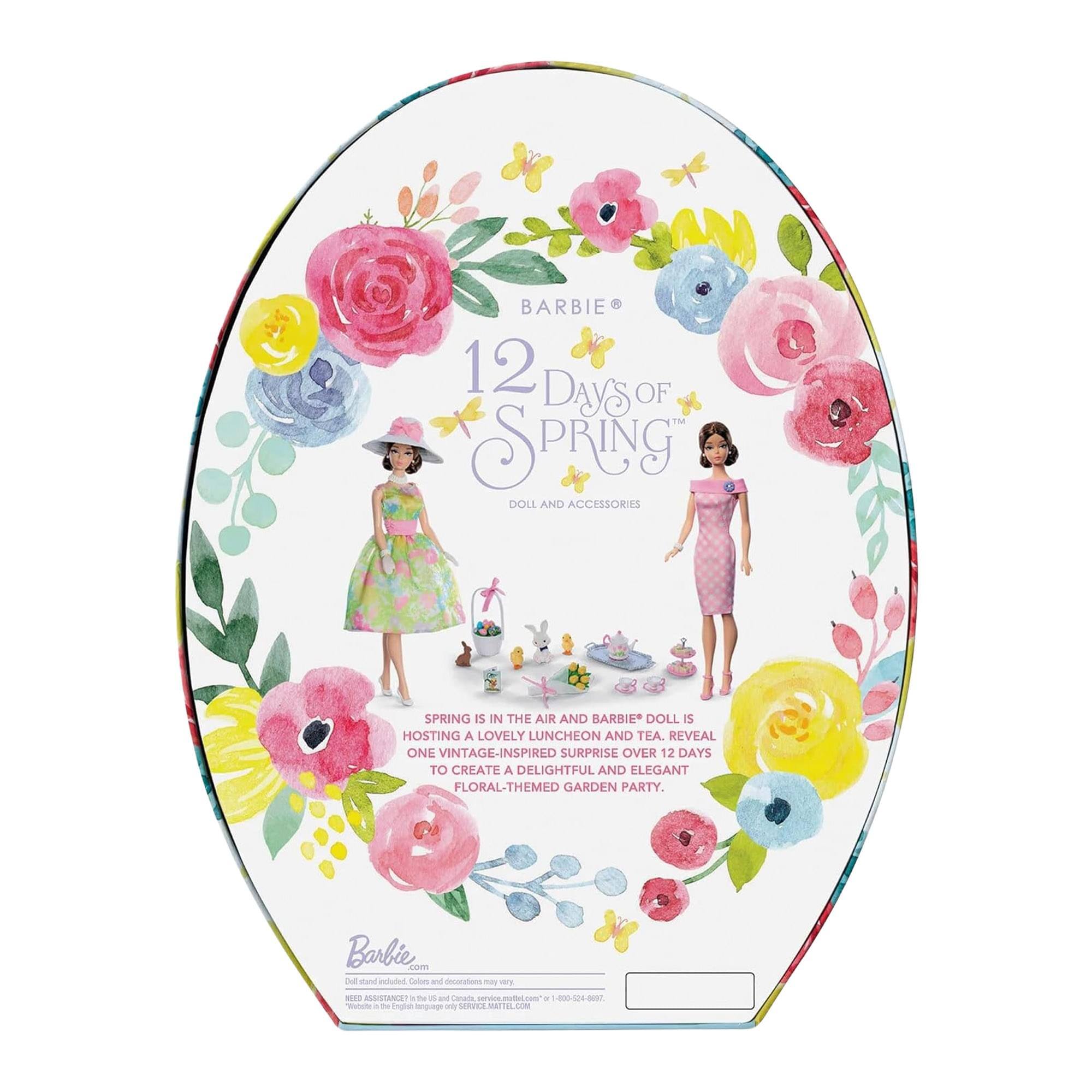 BARBIE 12 Days of Spring Doll and Accessories  
Spring is in the air and Barbie® doll is hosting a lovely luncheon and tea. Reveal one vintage-inspired surprise over 12 days to create a delightful and elegant floral-themed garden party.  

Barbie.com  
DHl mand actuled Calore and -ran MER ASSUSTANDE in the o - serves Ane -800-104-0097