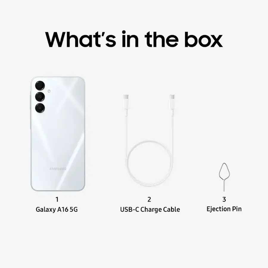 What's in the box: Samsung Galaxy A16 5G, 2 USB-C Charge Cable, 3 Ejection Pin