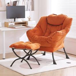JETRANSPORT - Lazy Chair With Ottoman Modern Reading Folding Footrest Comfortable Lounge Accent For Bedroom Study Living - Velvet Orange