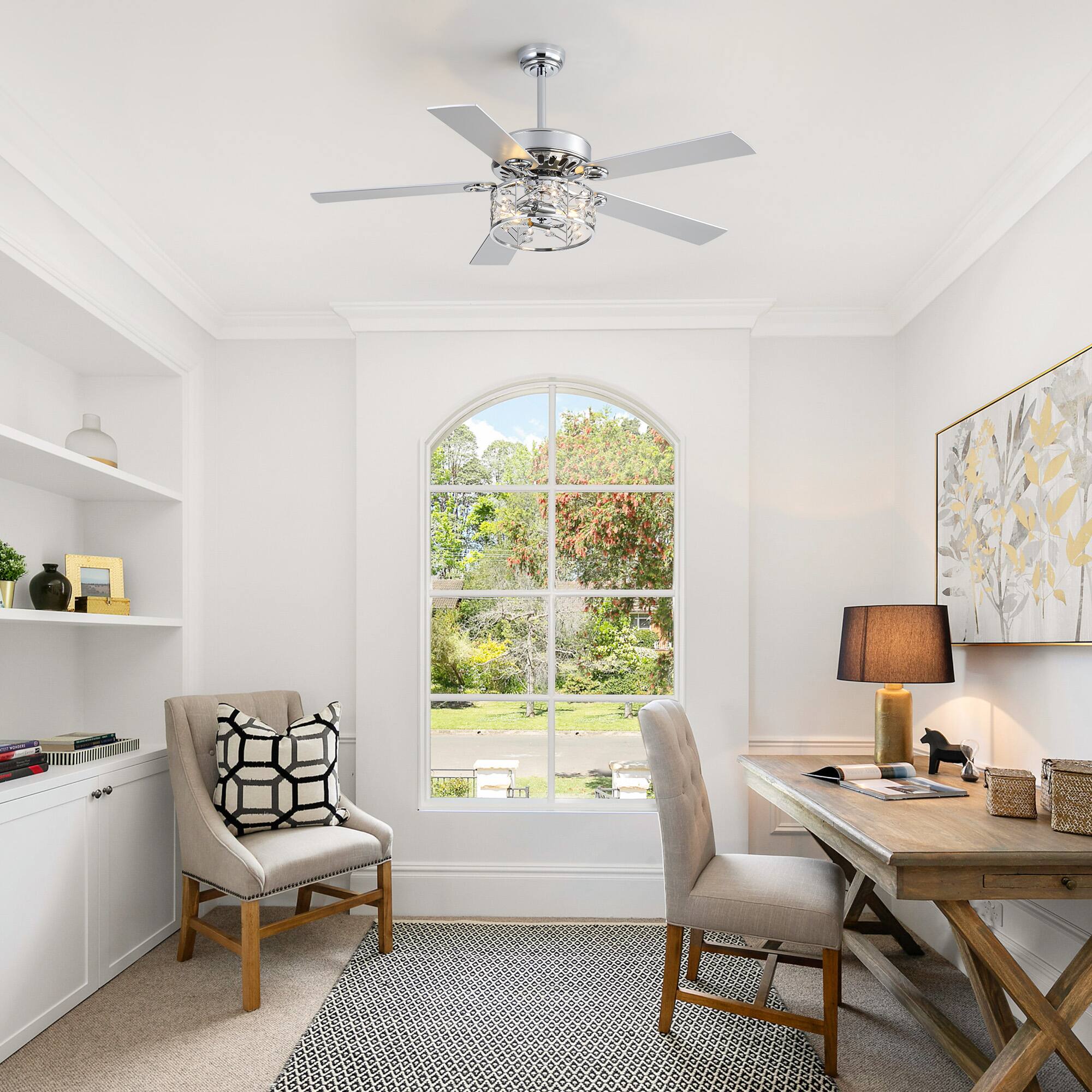 Back. Breezary - 52-Inch Ceiling Fan with Crystal Light, 5 Blades, DC Motor, Remote Control, 6 Speeds,  5"&10" Downrod Mount - 52-inch Chrome & Silver & Wood Grain.