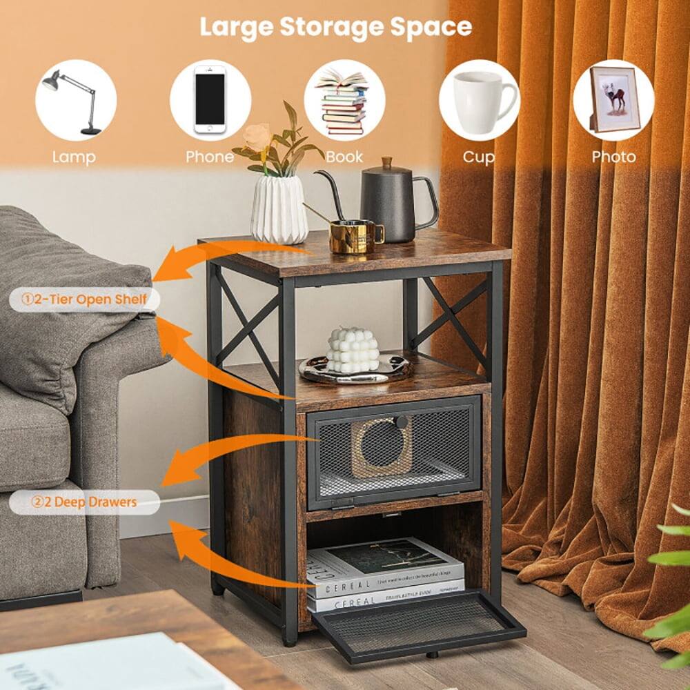 Large Storage Space Lamp Phone Book Cup Photo 1 2-Tier Open Shelf 2 2 Deep Drawers