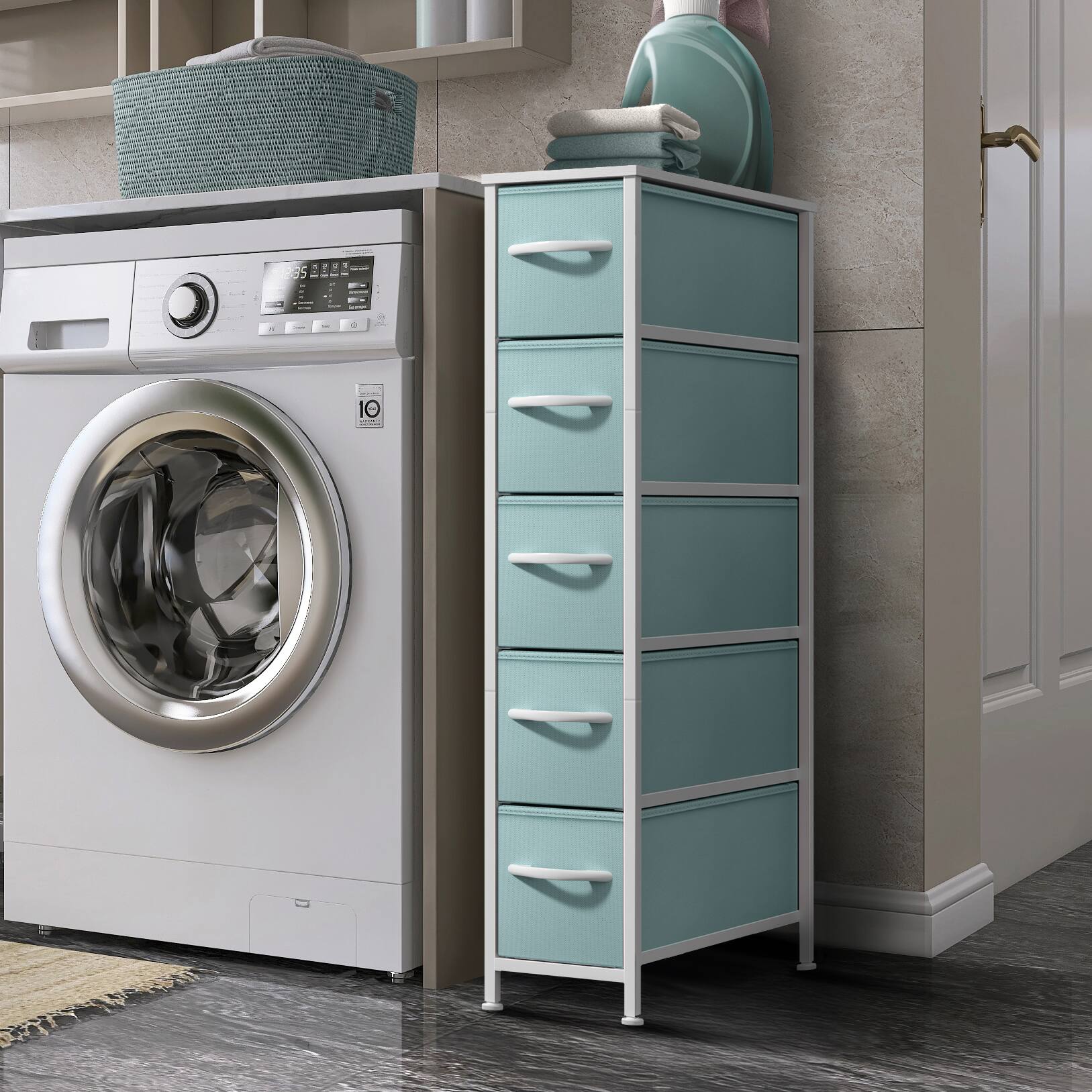 Alt View 1. Sorbus - Sorbus 5 Drawers Narrow Dresser with Steel Frame, Wood Top & Fabric Bins for Small Spaces, Closets, Bedrooms, Bathrooms - Aqua.