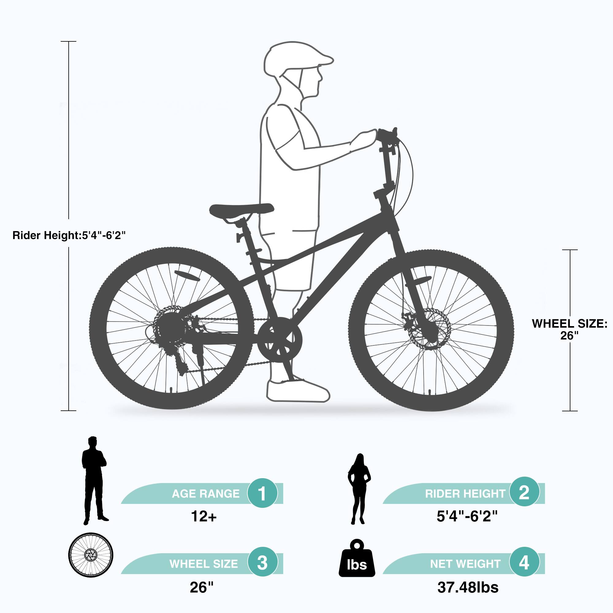 Rider Height: 5'4" - 6'2"  
Wheel Size: 26"  
Age Range: 12+  
Net Weight: 37.48 lbs