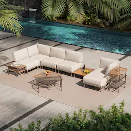 Yardgrace - 10-Piece Outdoor Patio Wicker PE Rattan Sectional Sofa Washable Cushions Tempered Glass Table Garden - Beige