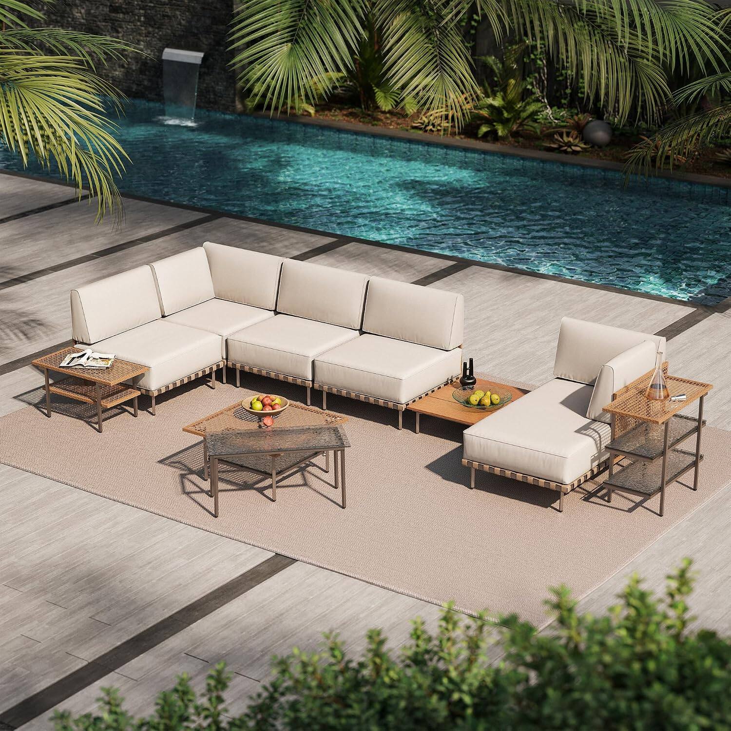 Front. Yardgrace - 10-Piece Outdoor Patio Wicker PE Rattan Sectional Sofa Washable Cushions Tempered Glass Table Garden - Beige.