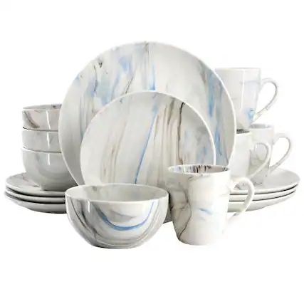 Front. Elama - Elama Fine Marble 16 Piece Porcelain Dinnerware Set in Blue and Gray - Blue and Gray.