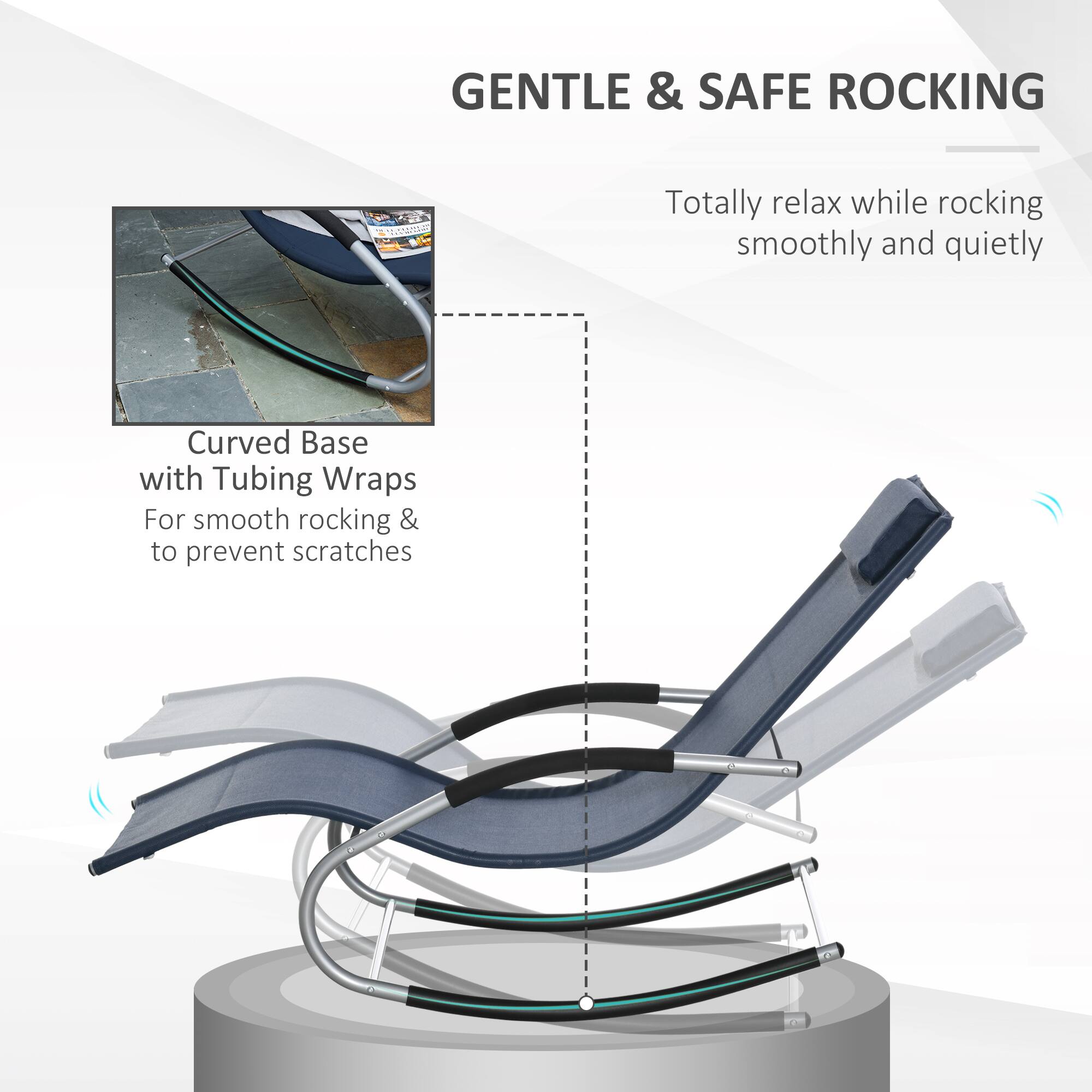 GENTLE & SAFE ROCKING

Totally relax while rocking smoothly and quietly

Curved Base with Tubing Wraps
For smooth rocking & to prevent scratches