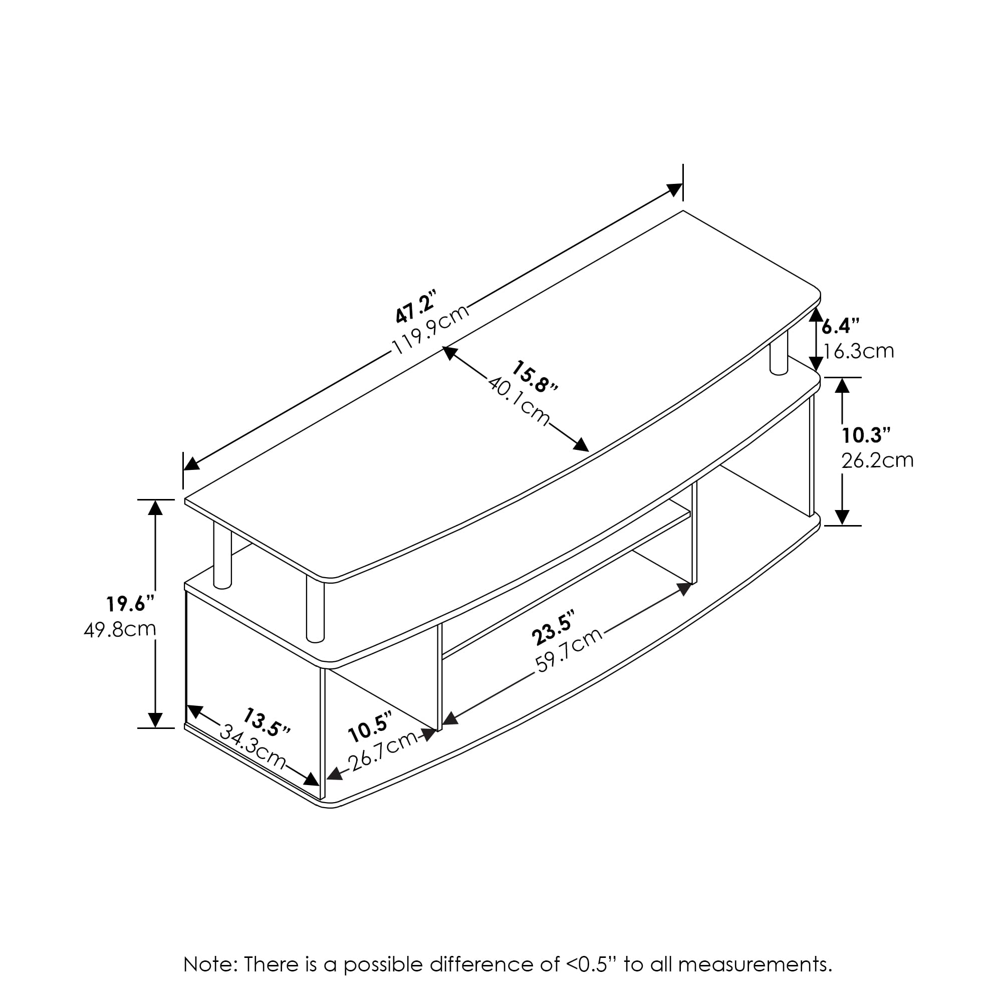 47.2" (119.9cm)  
40" (101.6cm)  
15.8" (40.1cm)  
6.4" (16.3cm)  
10.3" (26.2cm)  
19.6" (49.8cm)  
13.5" (34.3cm)  
10.5" (26.7cm)  
23.5" (59.7cm)  

Note: There is a possible difference of <0.5" to all measurements.