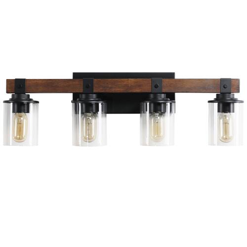 Alt View 3. LUCKY ONE - 27in Rustic 4-Light Vanity Light, Industrial Farmhouse Bathroom Sconce with Wood Accent - Walnut.