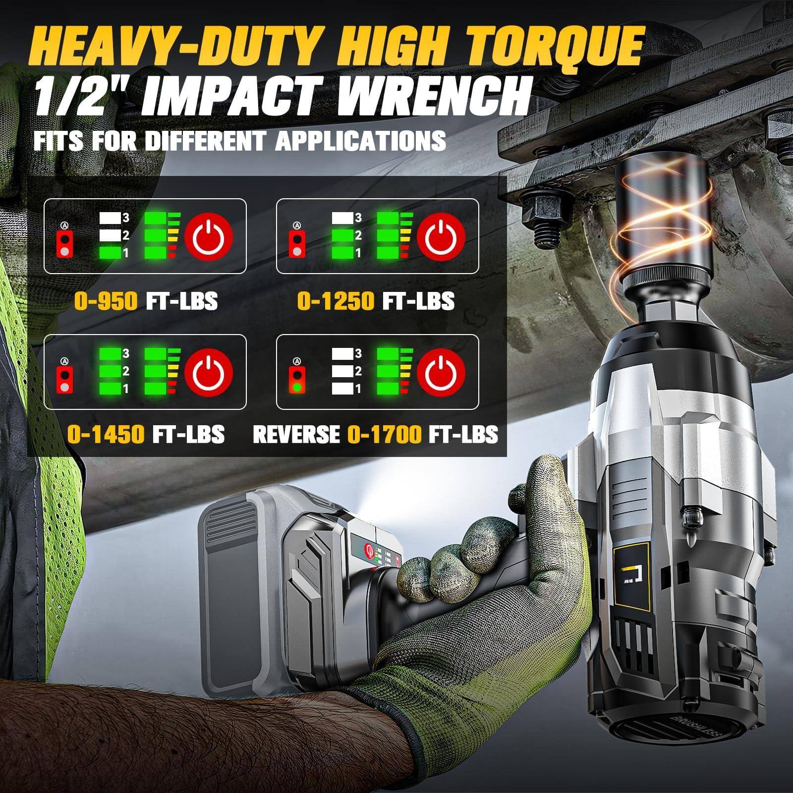 HEAVY-DUTY HIGH TORQUE  
1/2" IMPACT WRENCH  
FITS FOR DIFFERENT APPLICATIONS  

- 0-950 FT-LBS  
- 0-1250 FT-LBS  
- 0-1450 FT-LBS  
- REVERSE 0-1700 FT-LBS