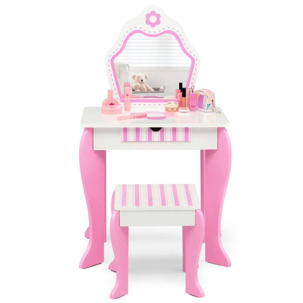 Angle. Pefilos - 2-in-1 Toddler Vanity Set with Detachable Top & Cute Flower Patterns-White, Girls Vanity for Girls Kids - White.